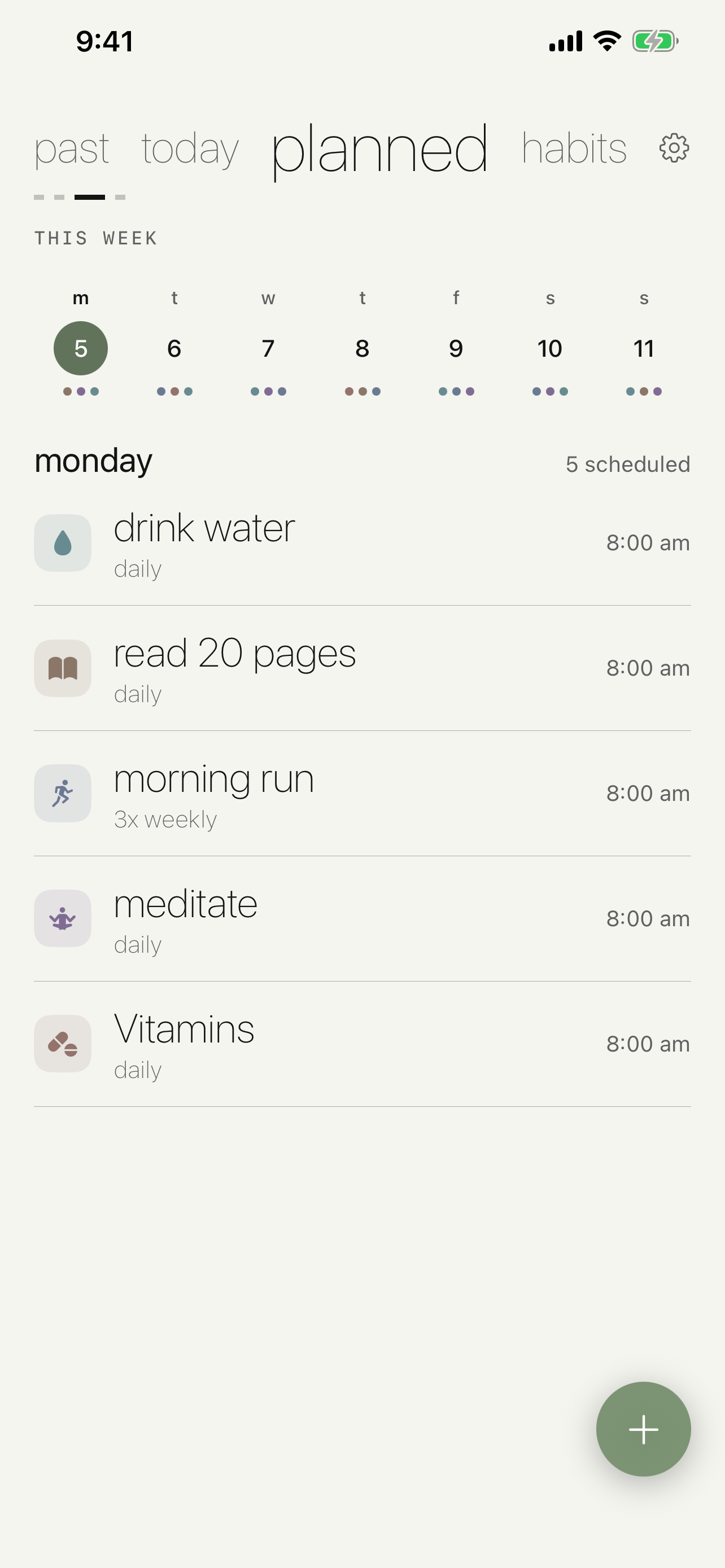 Cadence planned view of upcoming scheduled habits