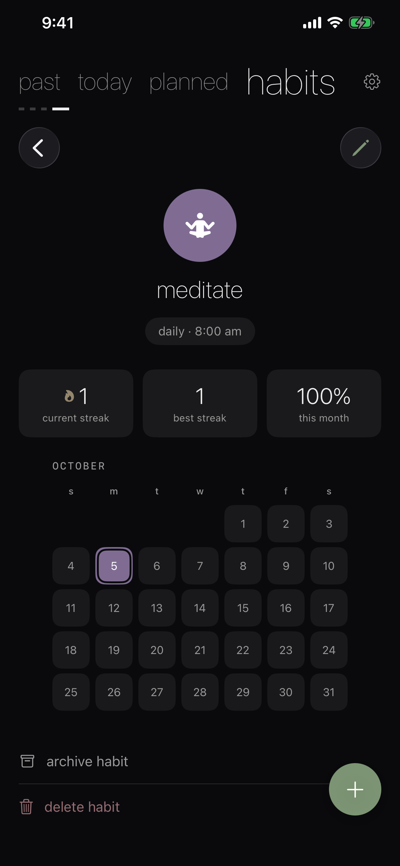 Cadence habit detail with streak and calendar heatmap in dark mode