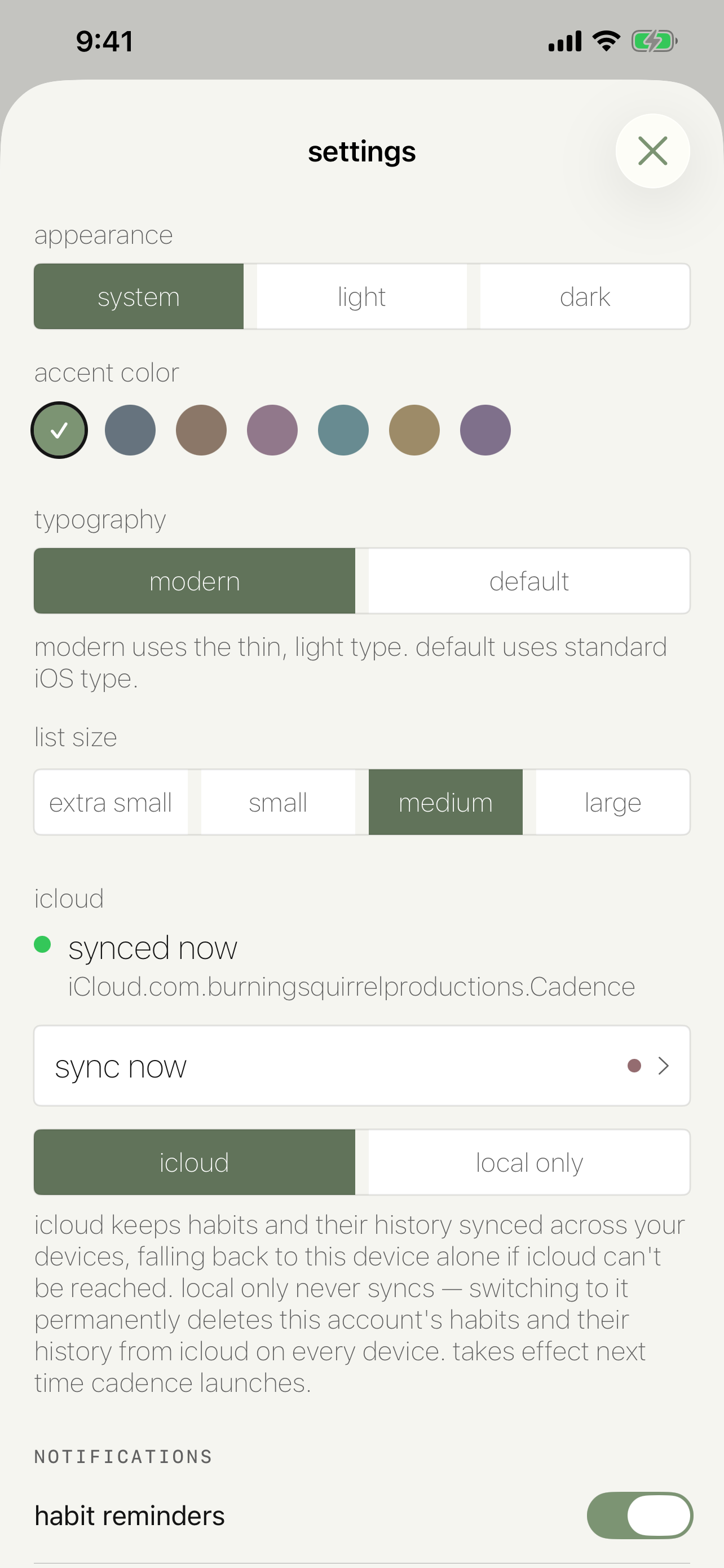Cadence settings with appearance, accent color, and notification options