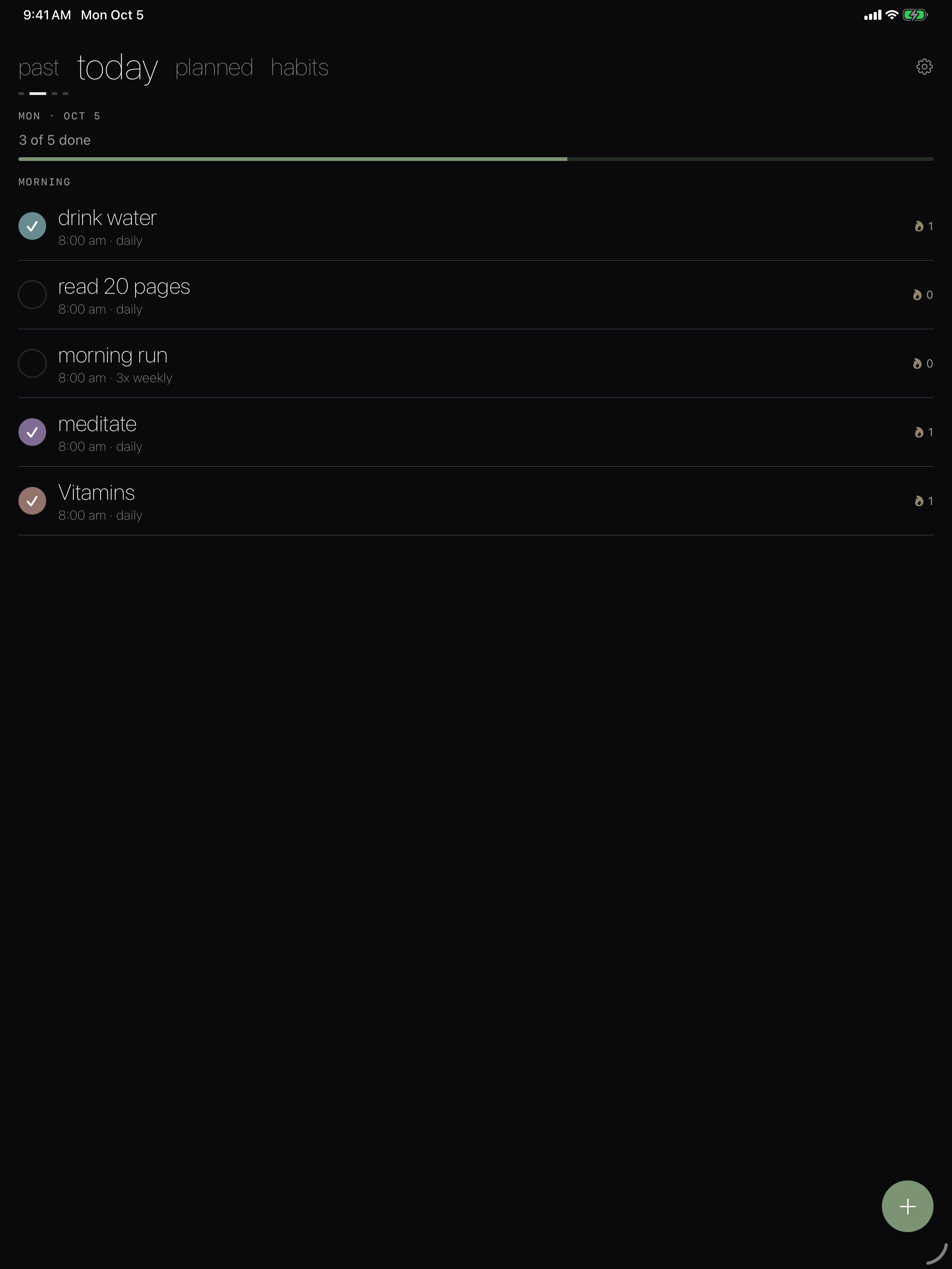 Cadence today list on iPad in dark mode