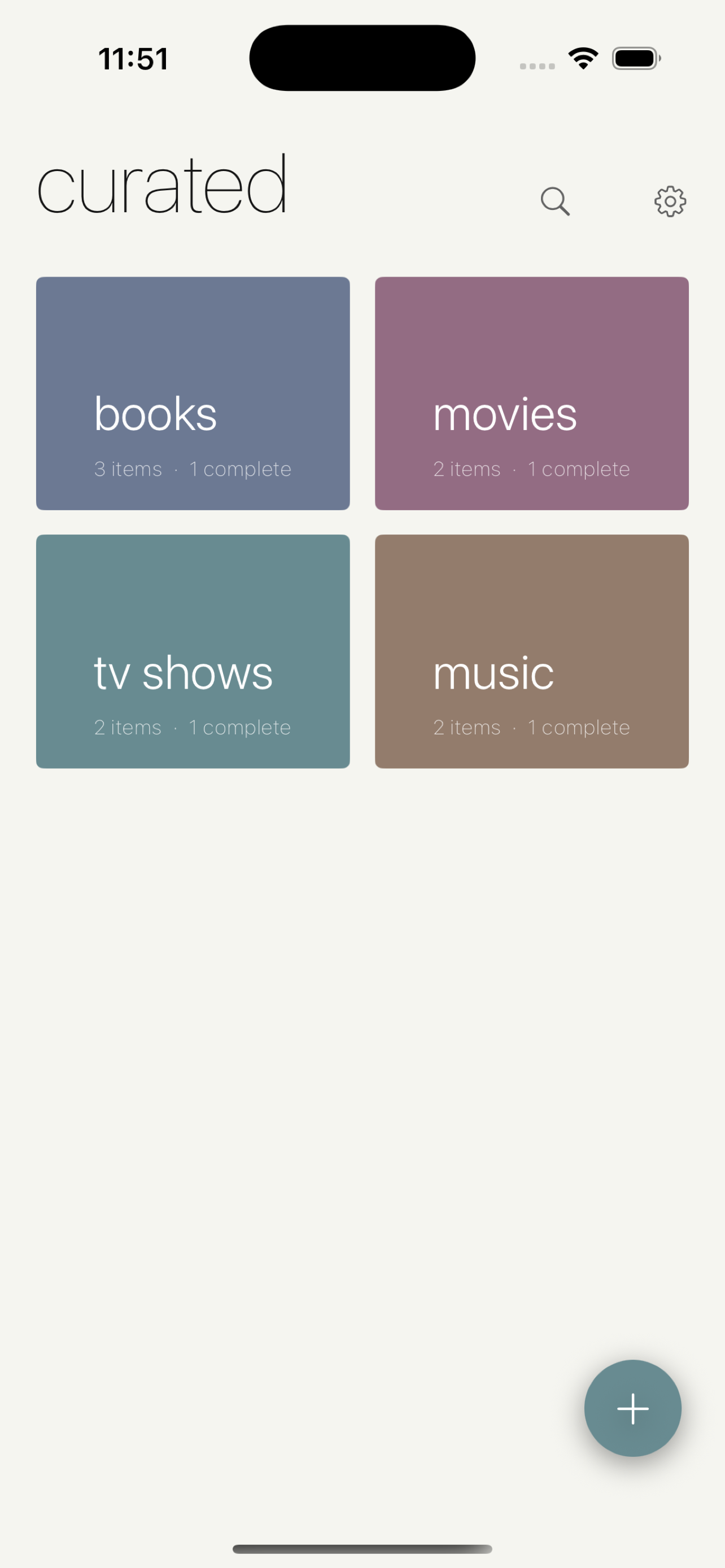 Curated app dashboard with Books, Movies, TV Shows, and Music category tiles