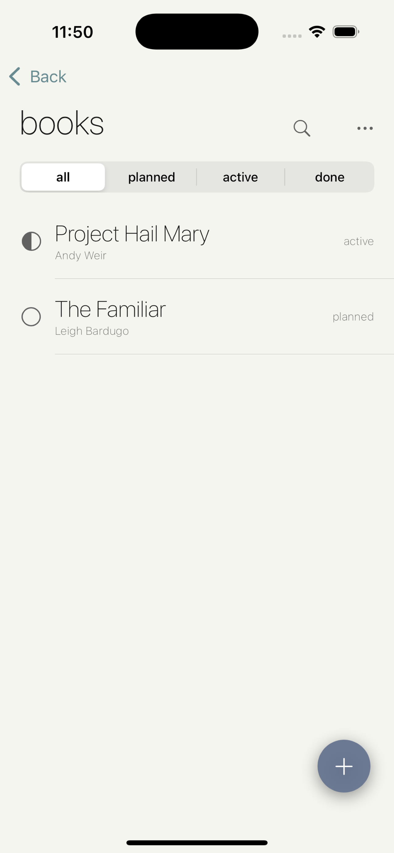Curated app Books category with tracked titles and status