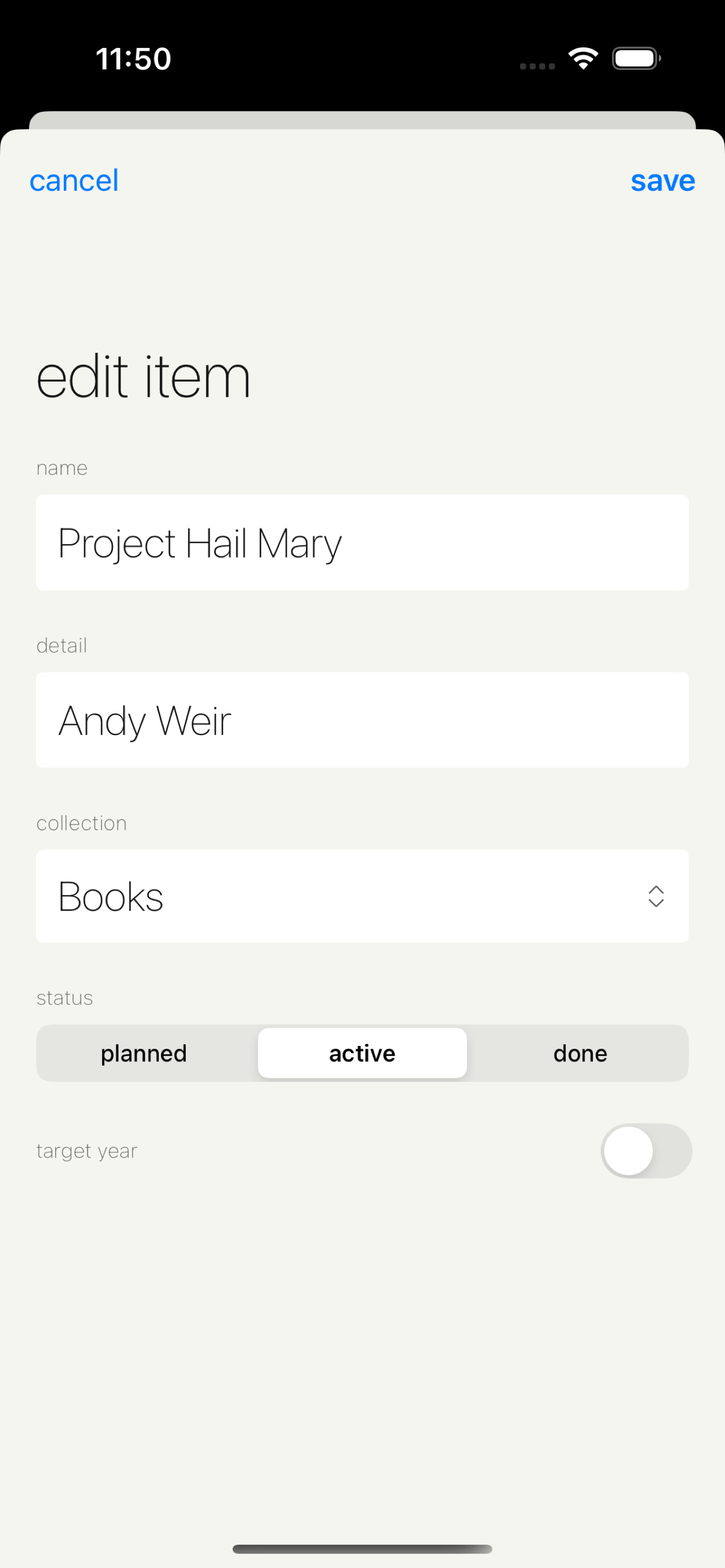 Curated app editing an item's name, detail, collection, and status