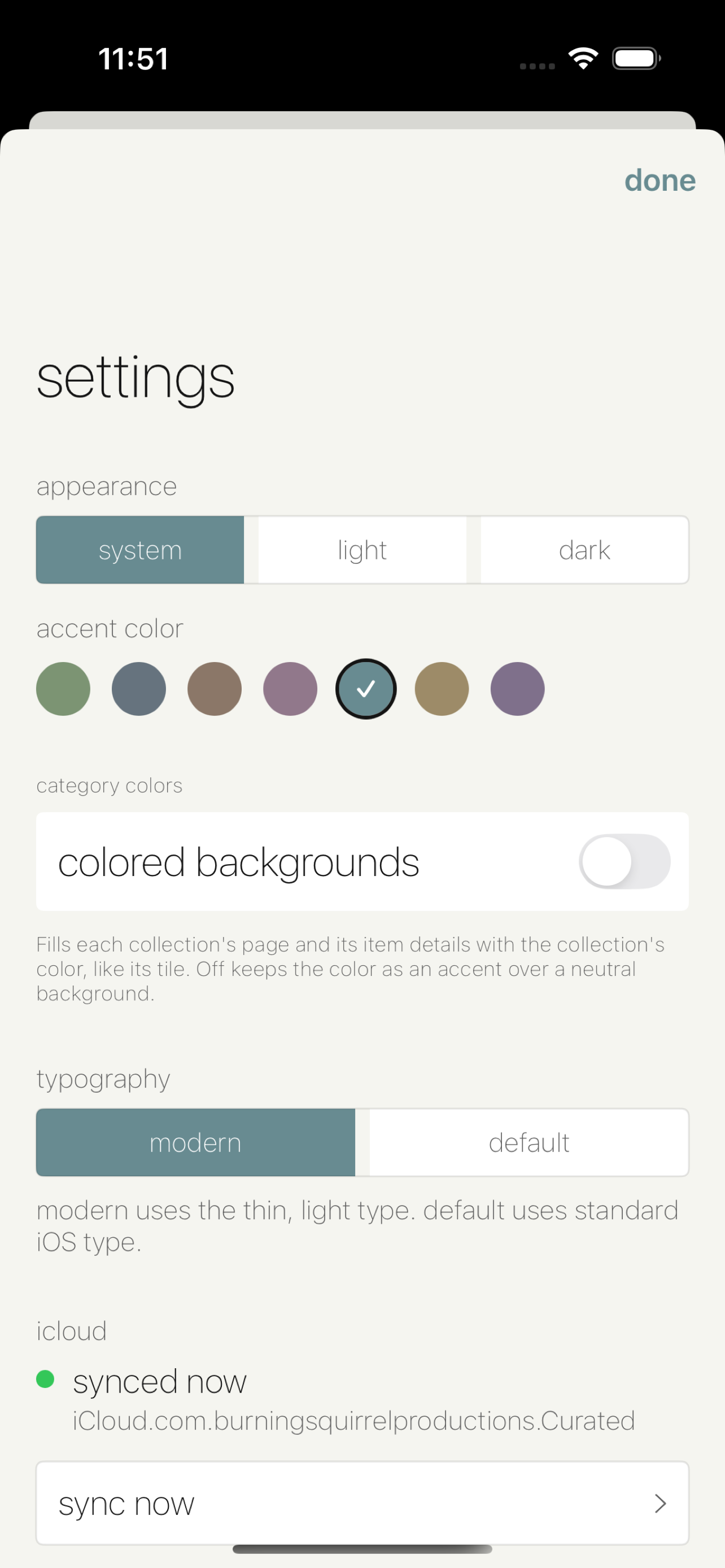 Curated app settings with appearance, accent color, and typography options