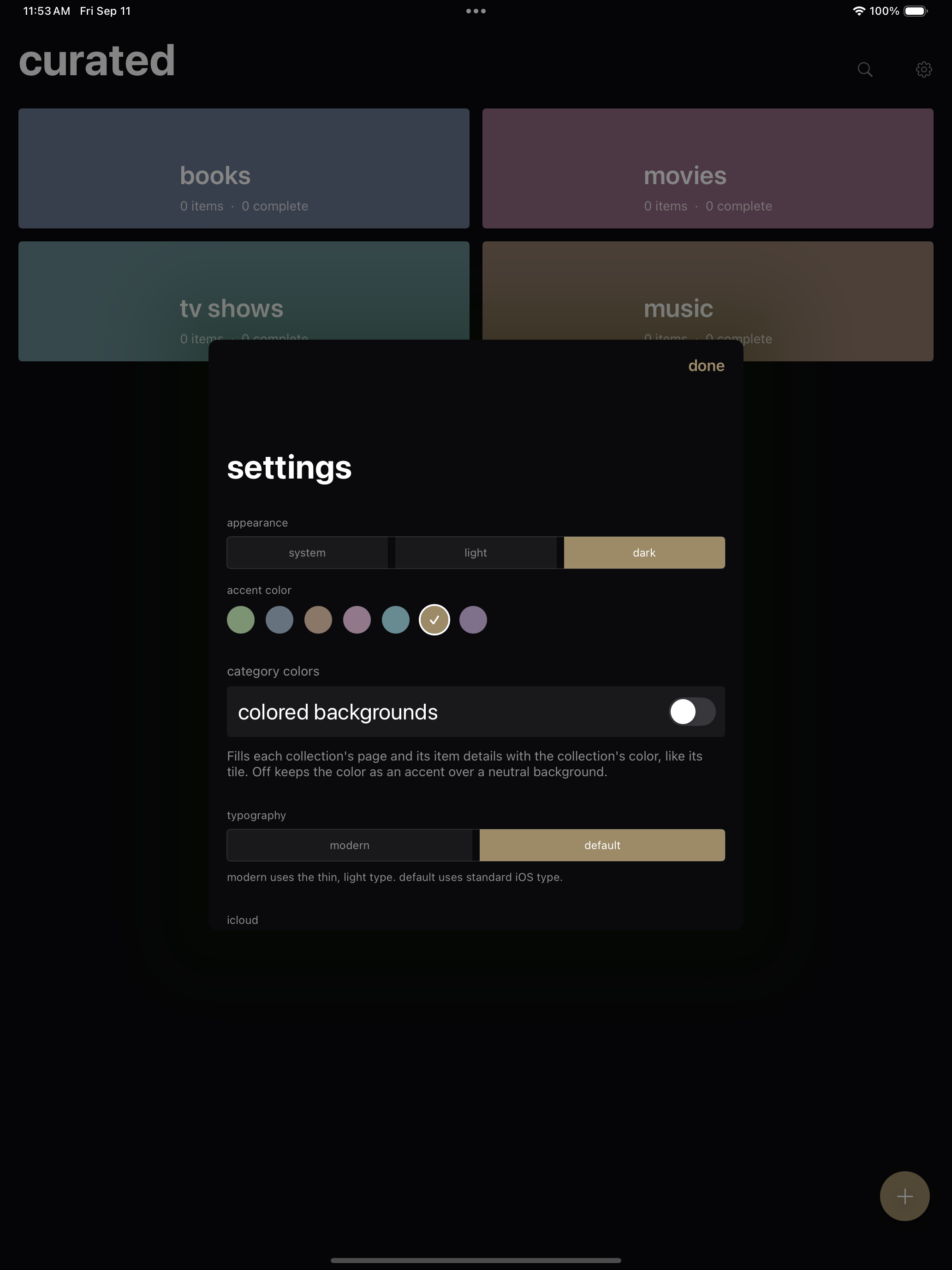 Curated app settings on iPad in dark mode
