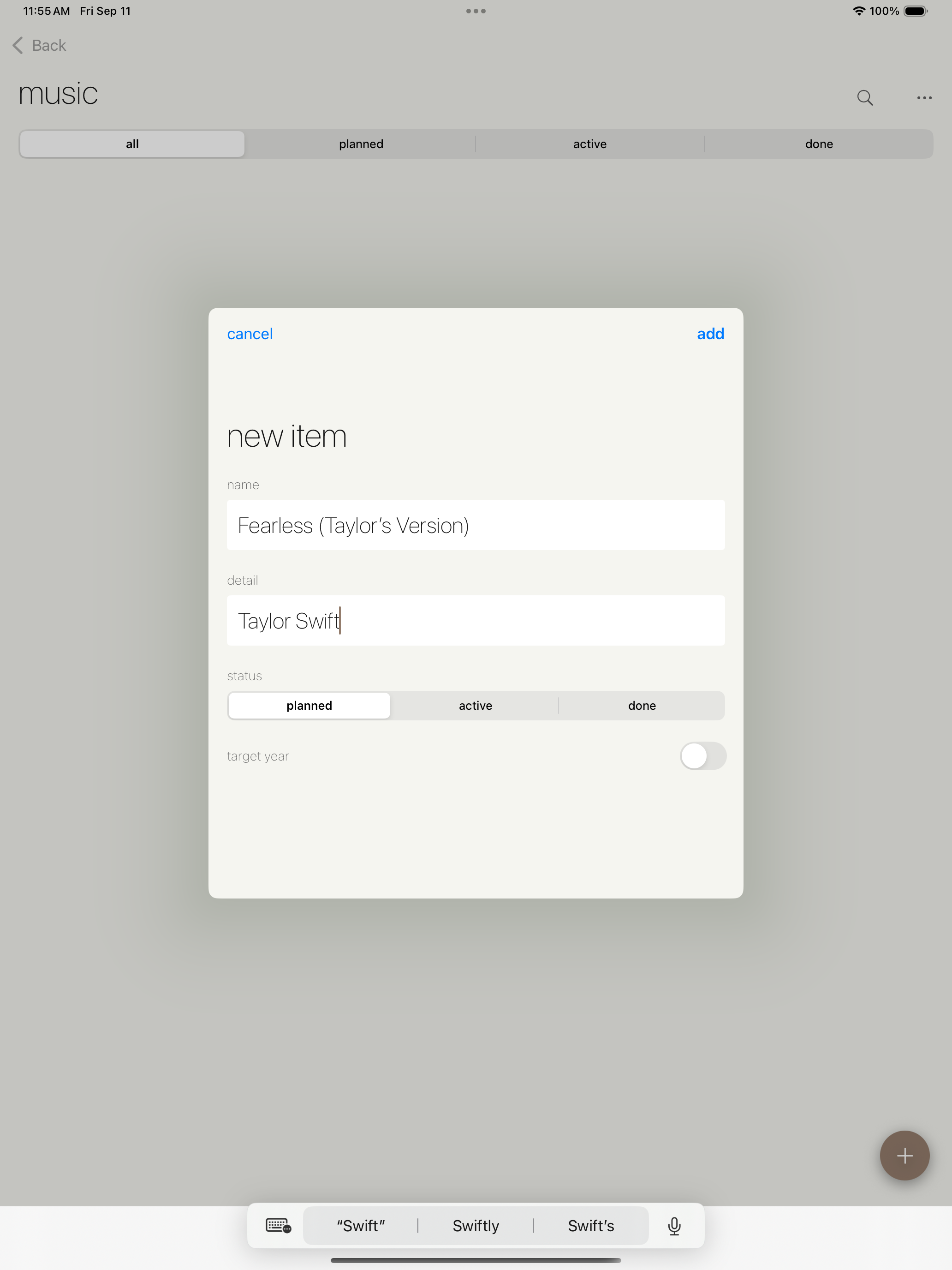 Curated app new item form on iPad