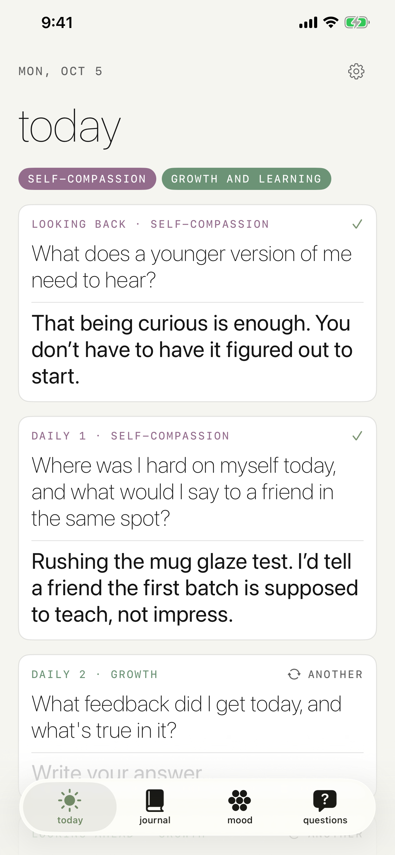 Examined today screen with answered daily questions