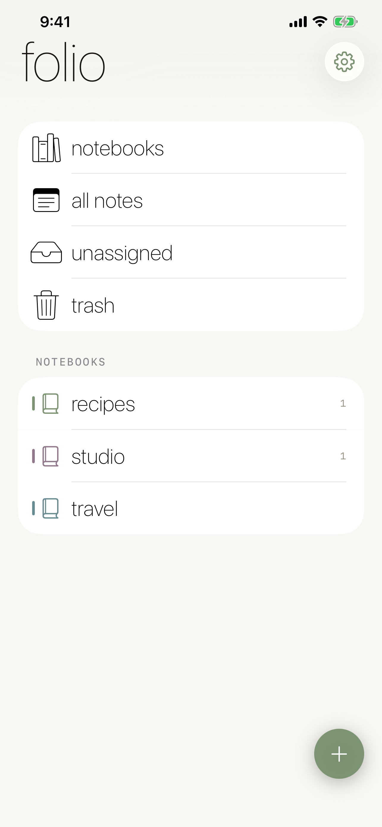 Folio home with notebooks, all notes, unassigned, and trash