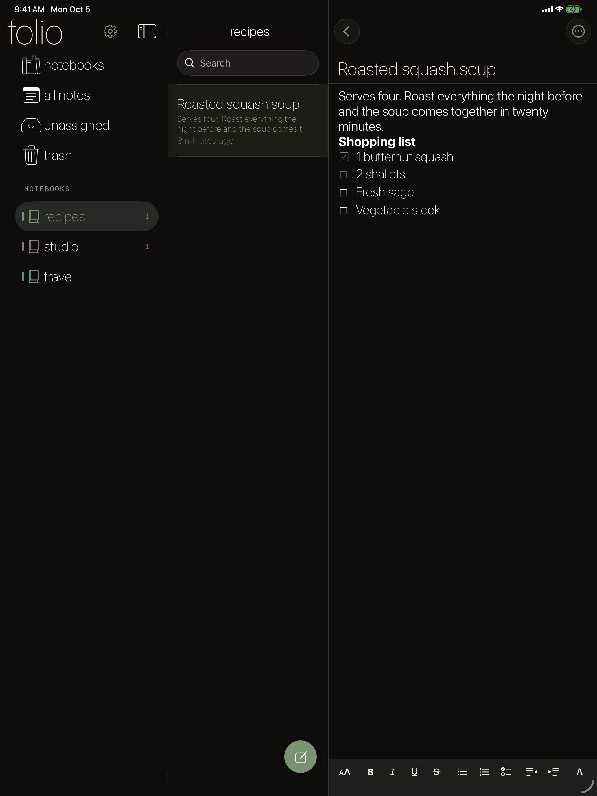 Folio note on iPad in dark mode
