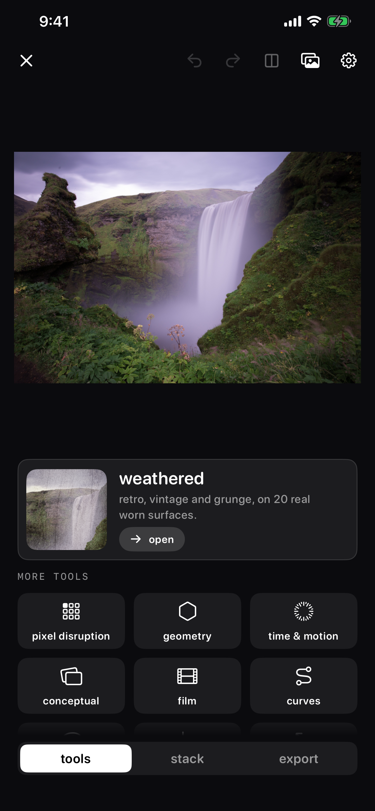 Graded tool picker with a waterfall photo