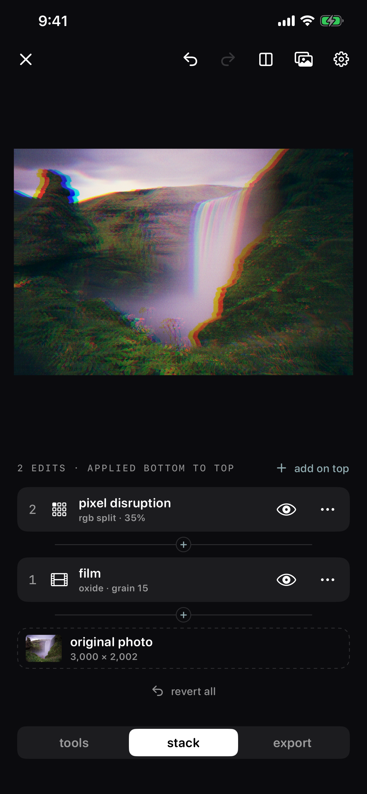 Graded edit stack with film and pixel disruption steps
