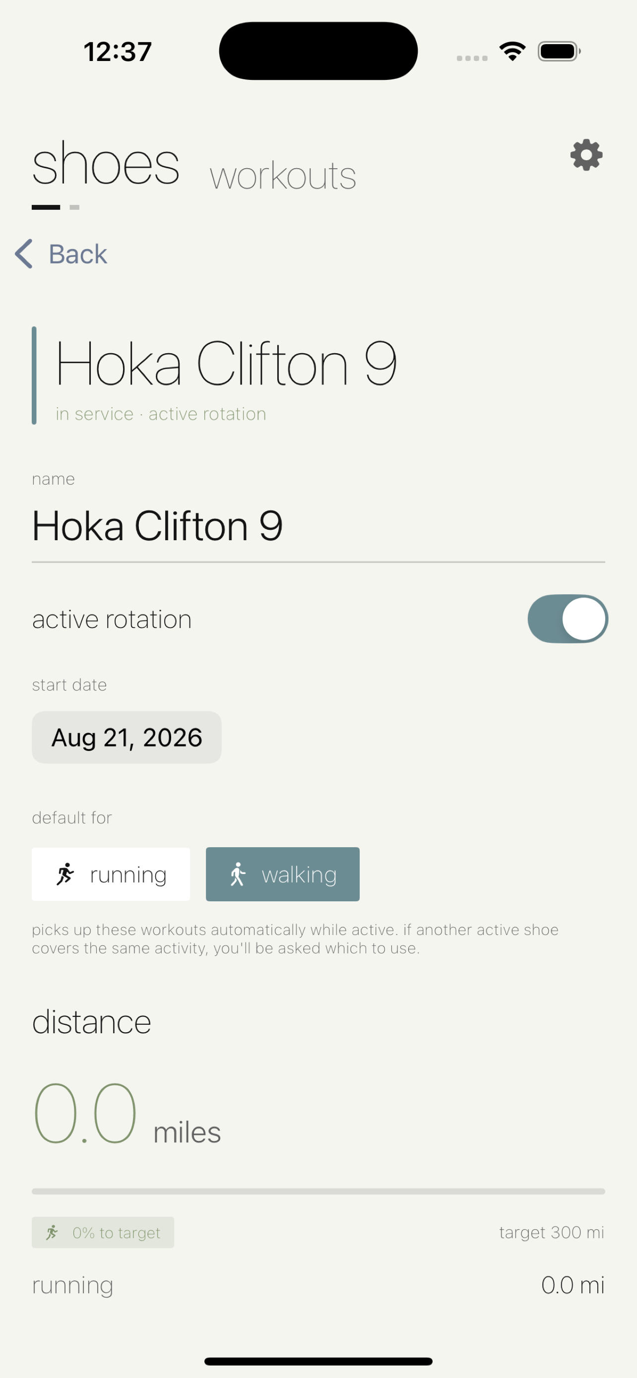 Kicks Tracker app shoe detail screen showing mileage, rotation, and target progress