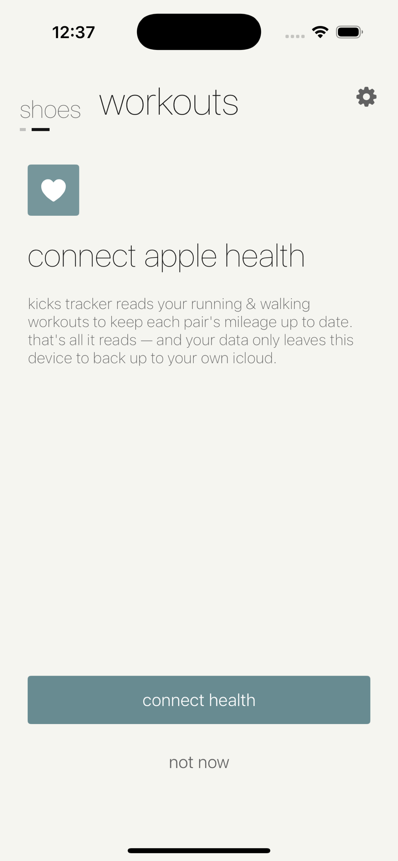 Kicks Tracker app Apple Health connection screen
