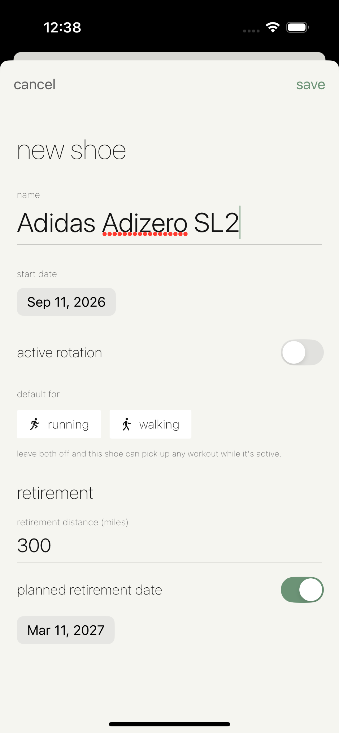 Kicks Tracker app new shoe form with rotation, default activity, and retirement settings