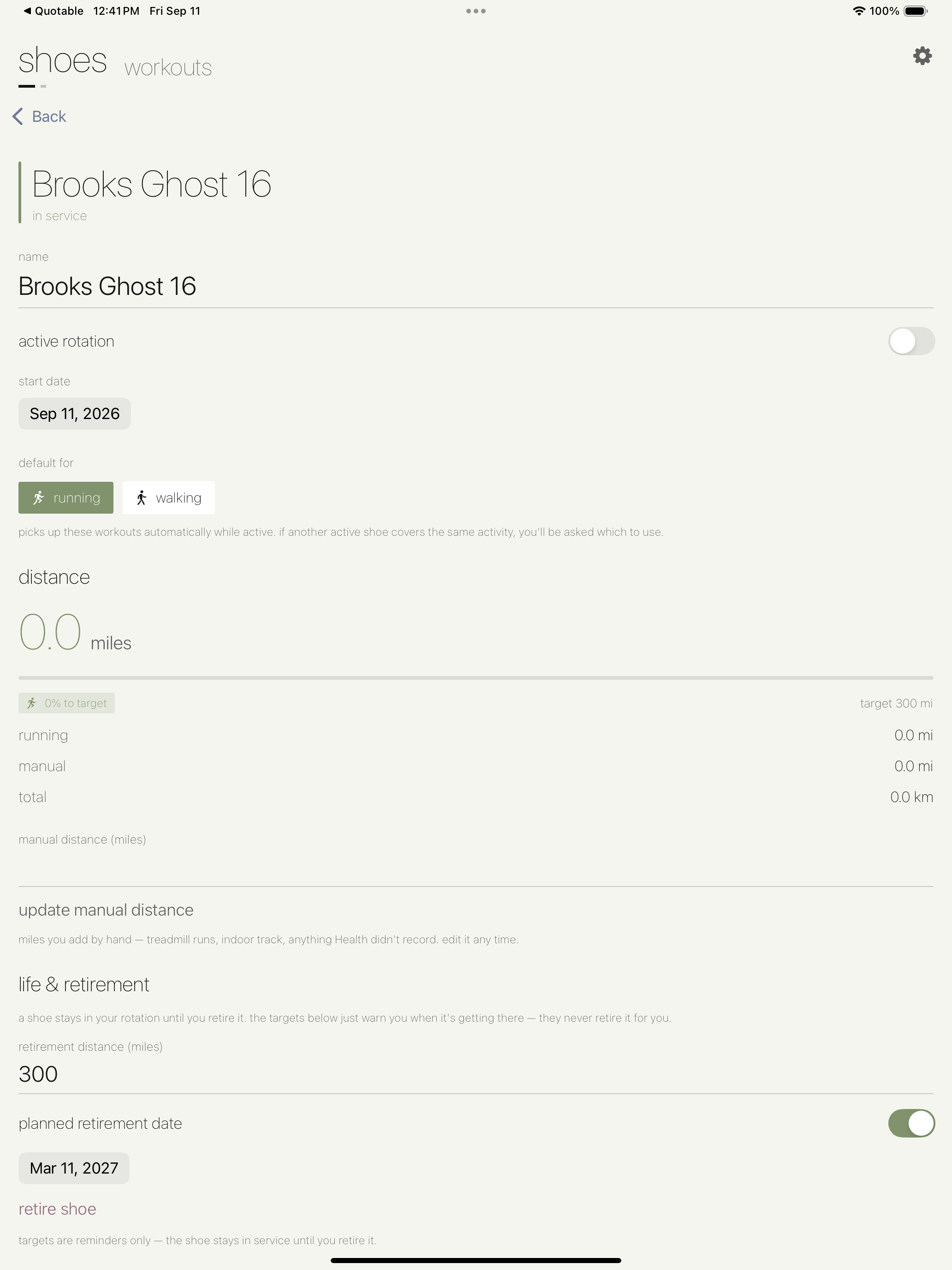 Kicks Tracker app shoe detail screen on iPad