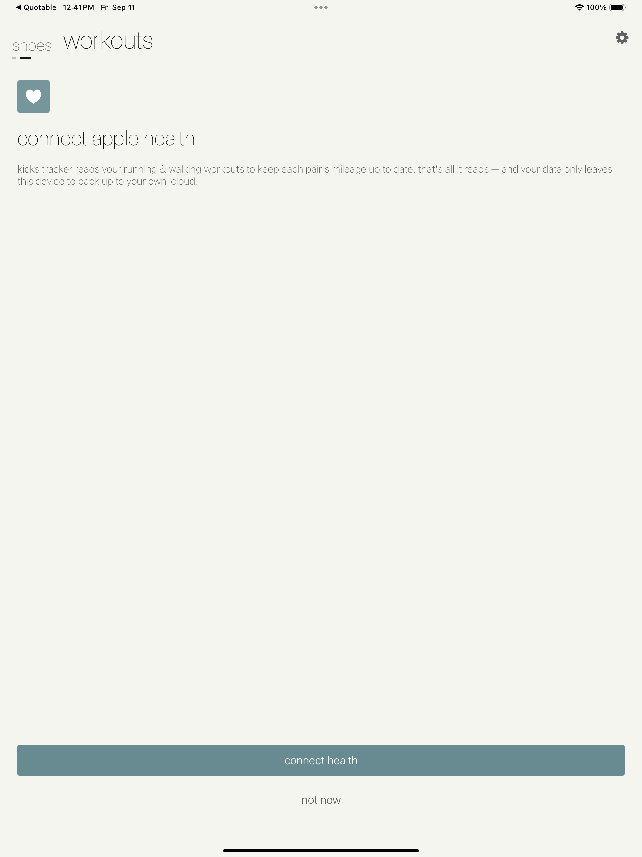 Kicks Tracker app Apple Health connection screen on iPad