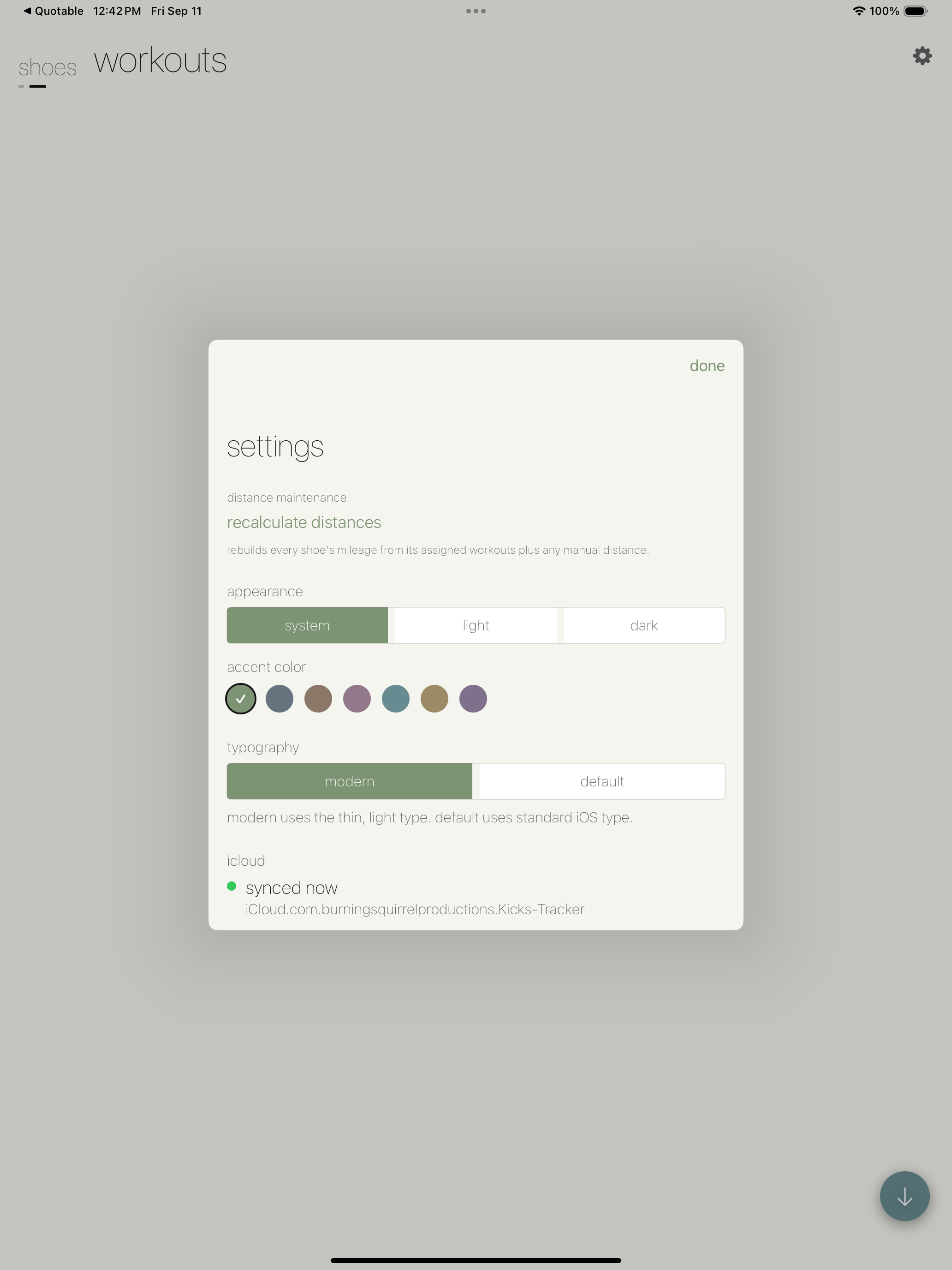 Kicks Tracker app settings on iPad