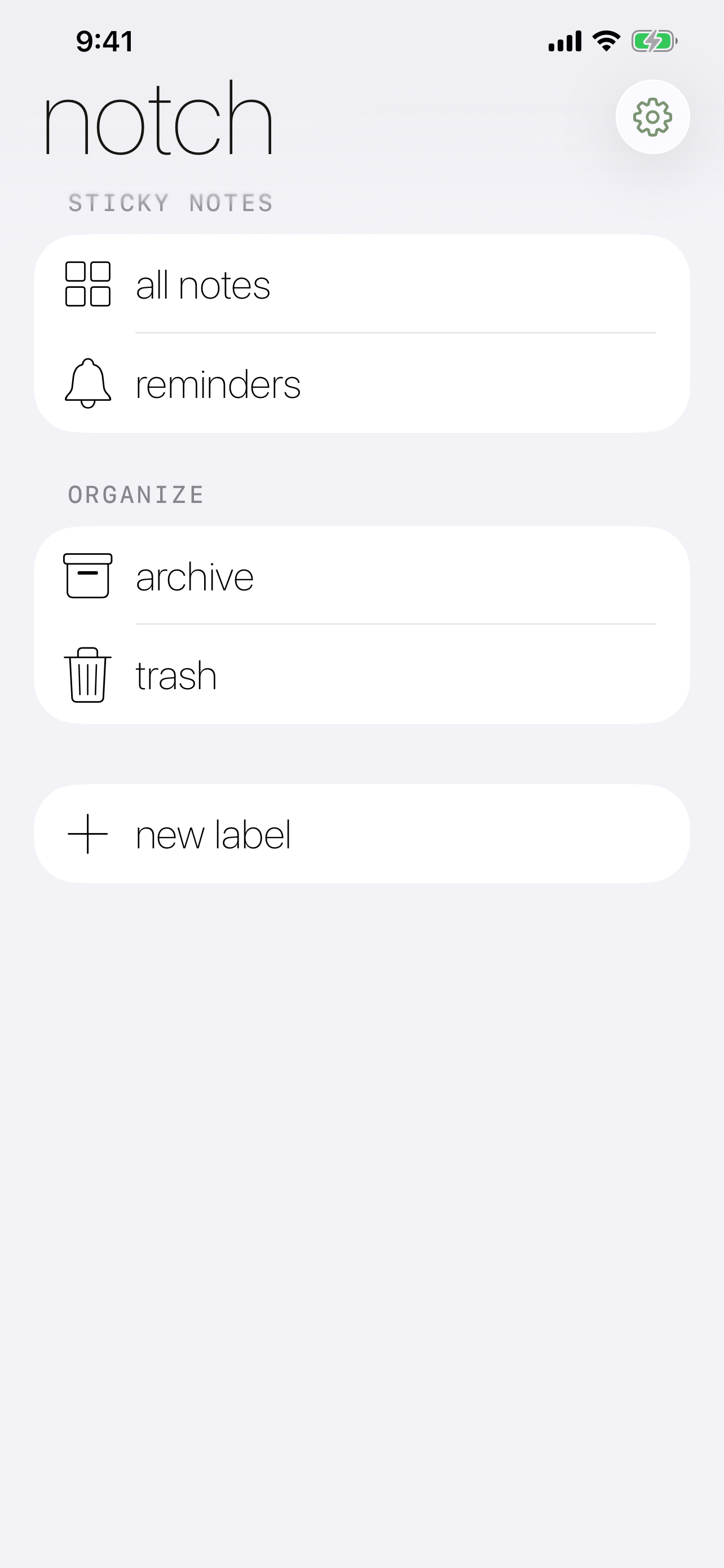 Notch home with all notes, reminders, archive, and trash