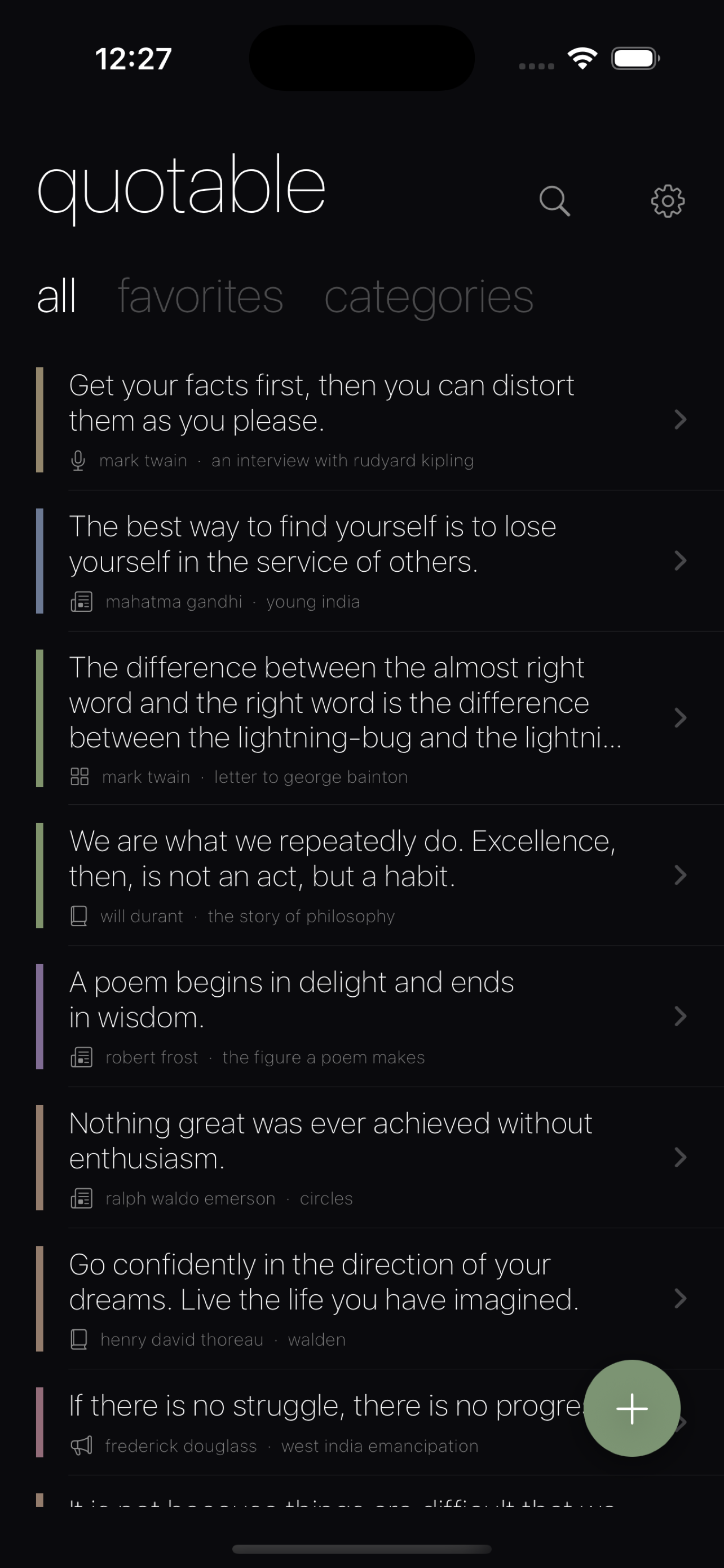 Quotable app list of saved quotes with author and source