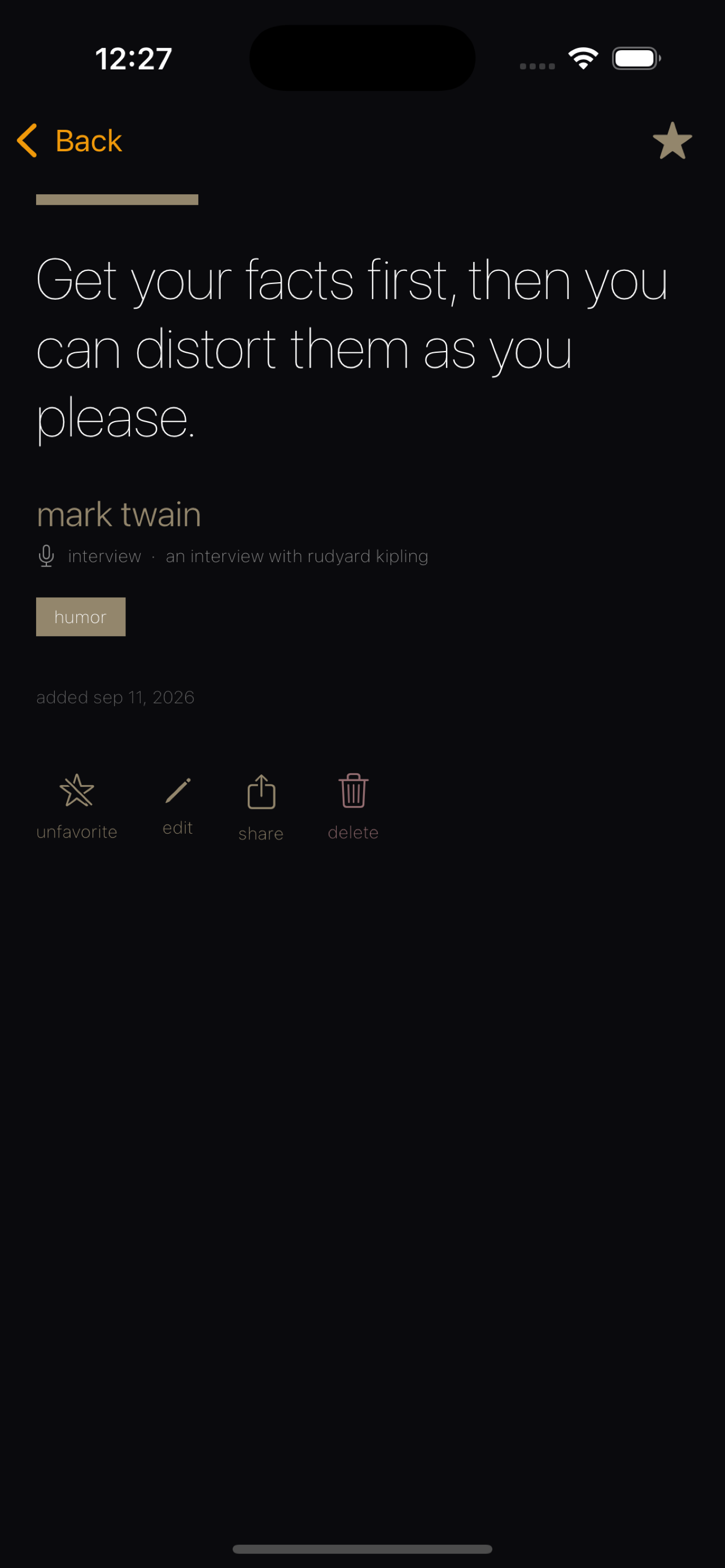 Quotable app quote detail screen with category tag