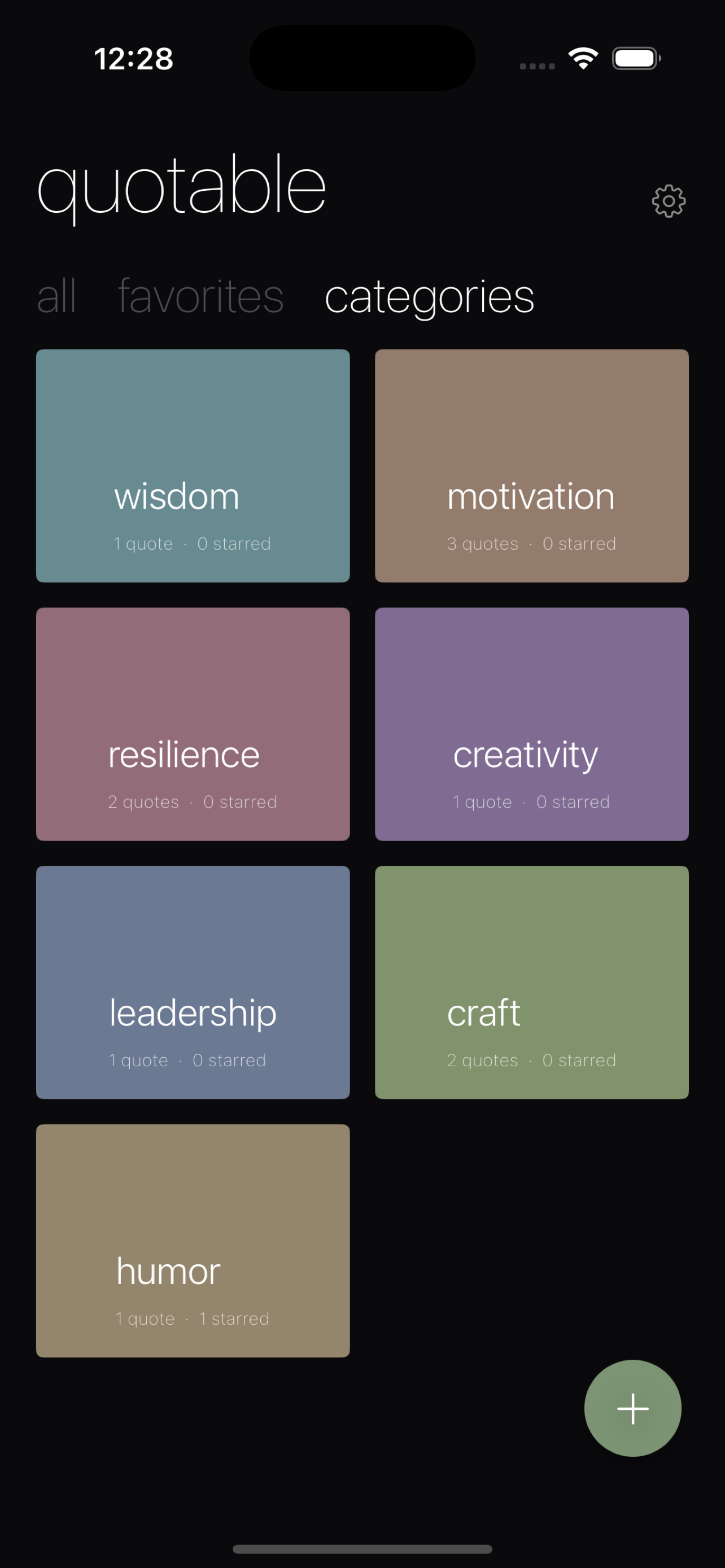 Quotable app color-coded categories grid