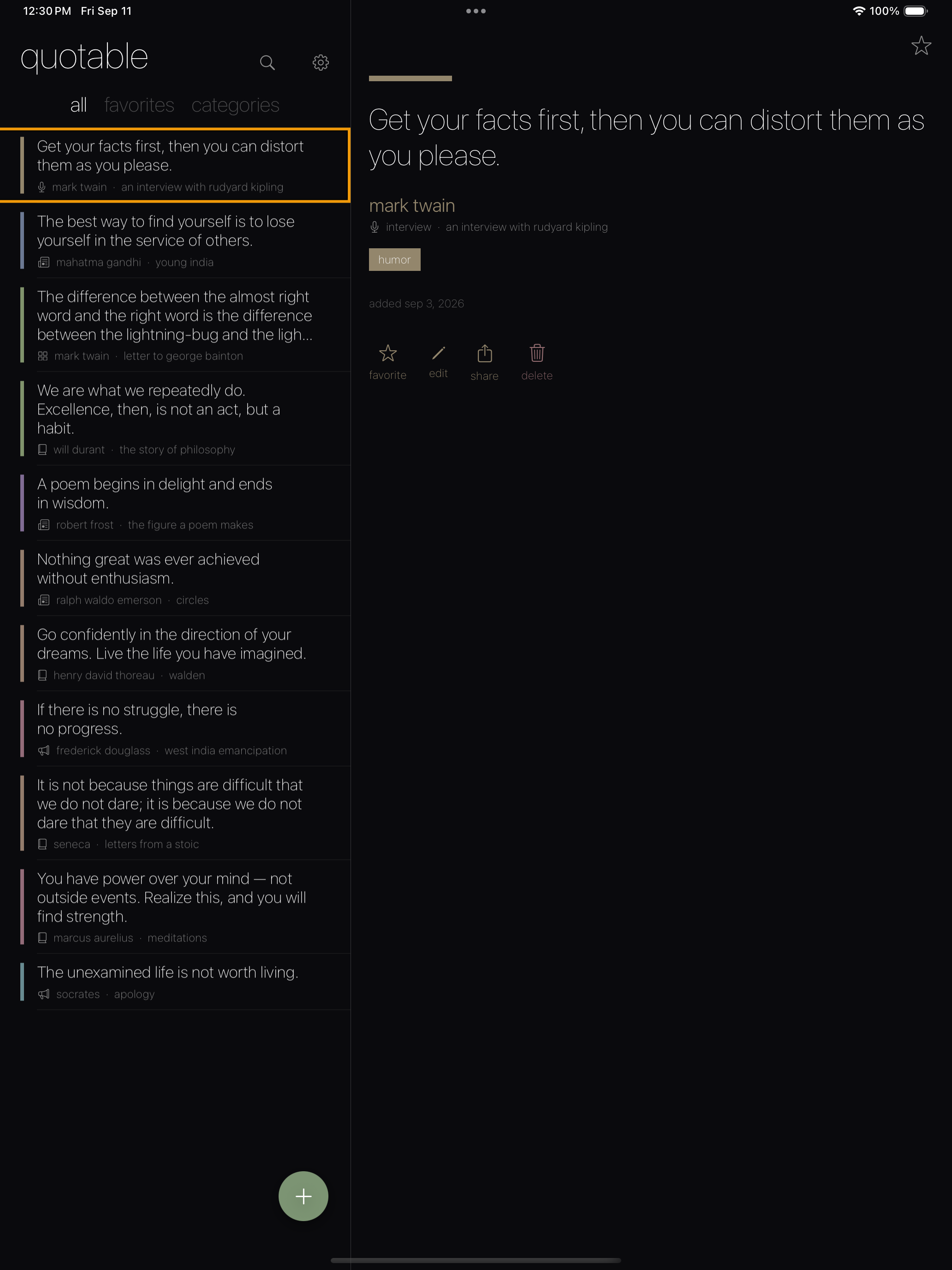 Quotable app split view on iPad with quote list and detail
