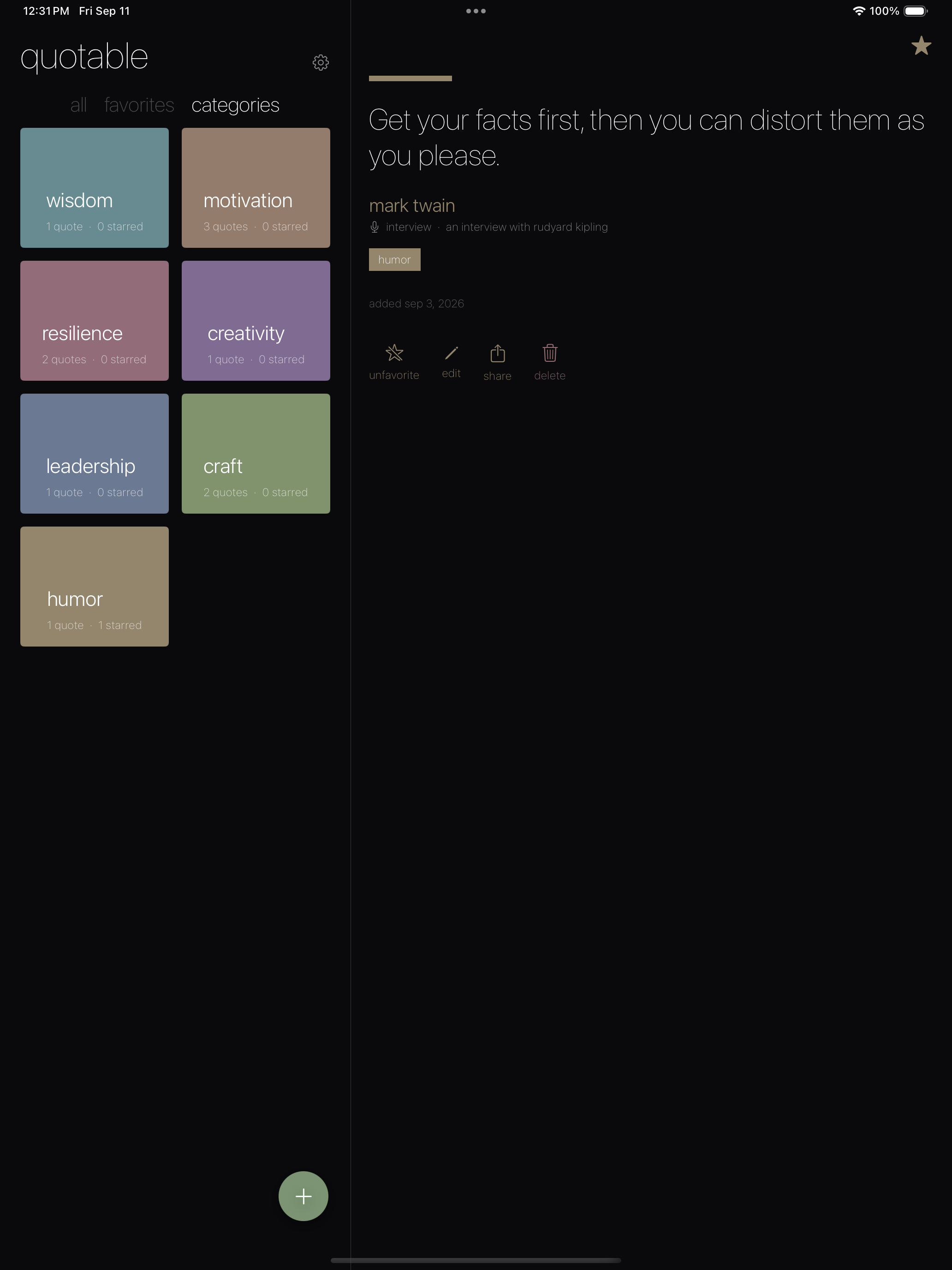 Quotable app categories grid on iPad