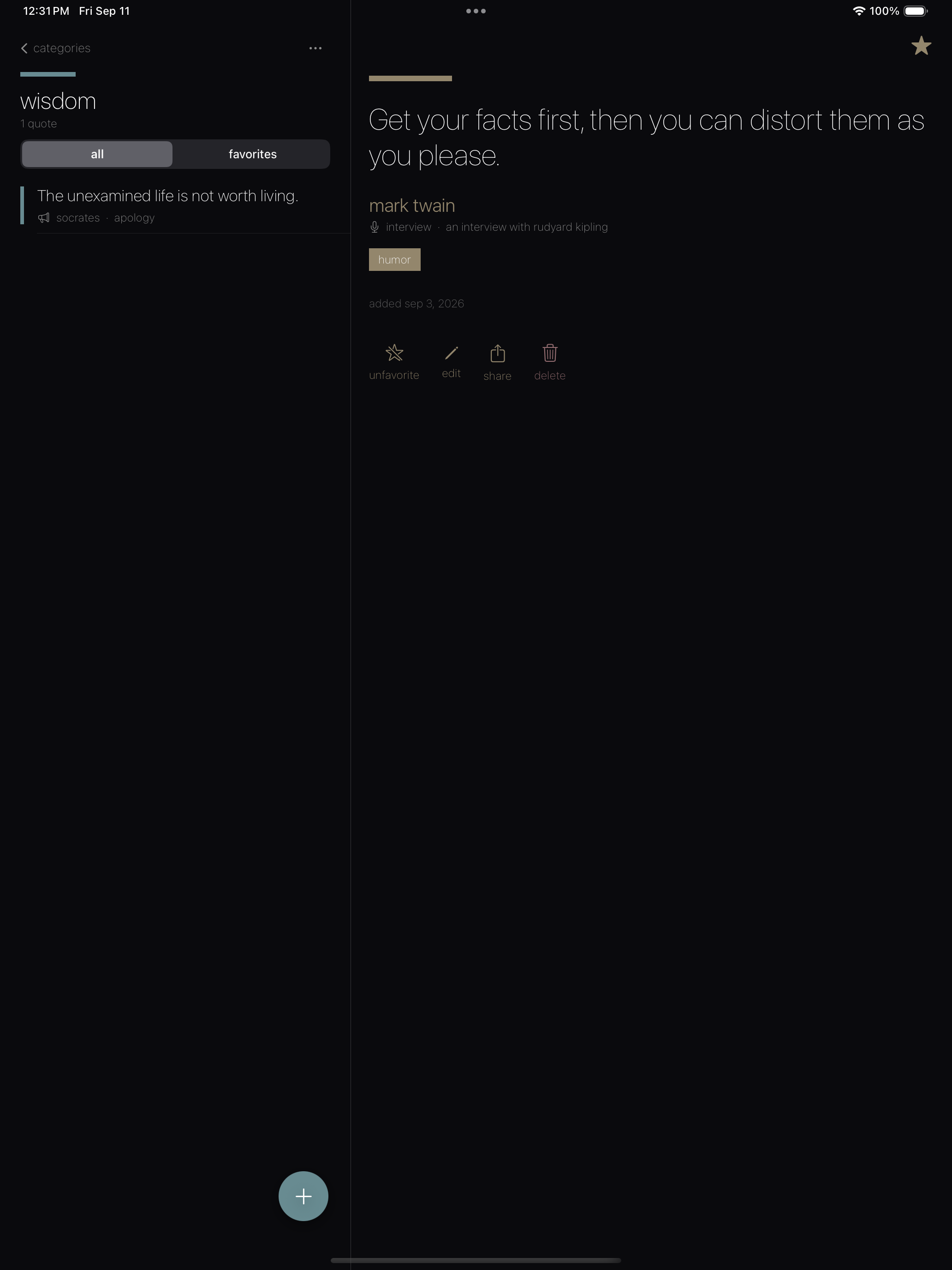Quotable app category detail on iPad