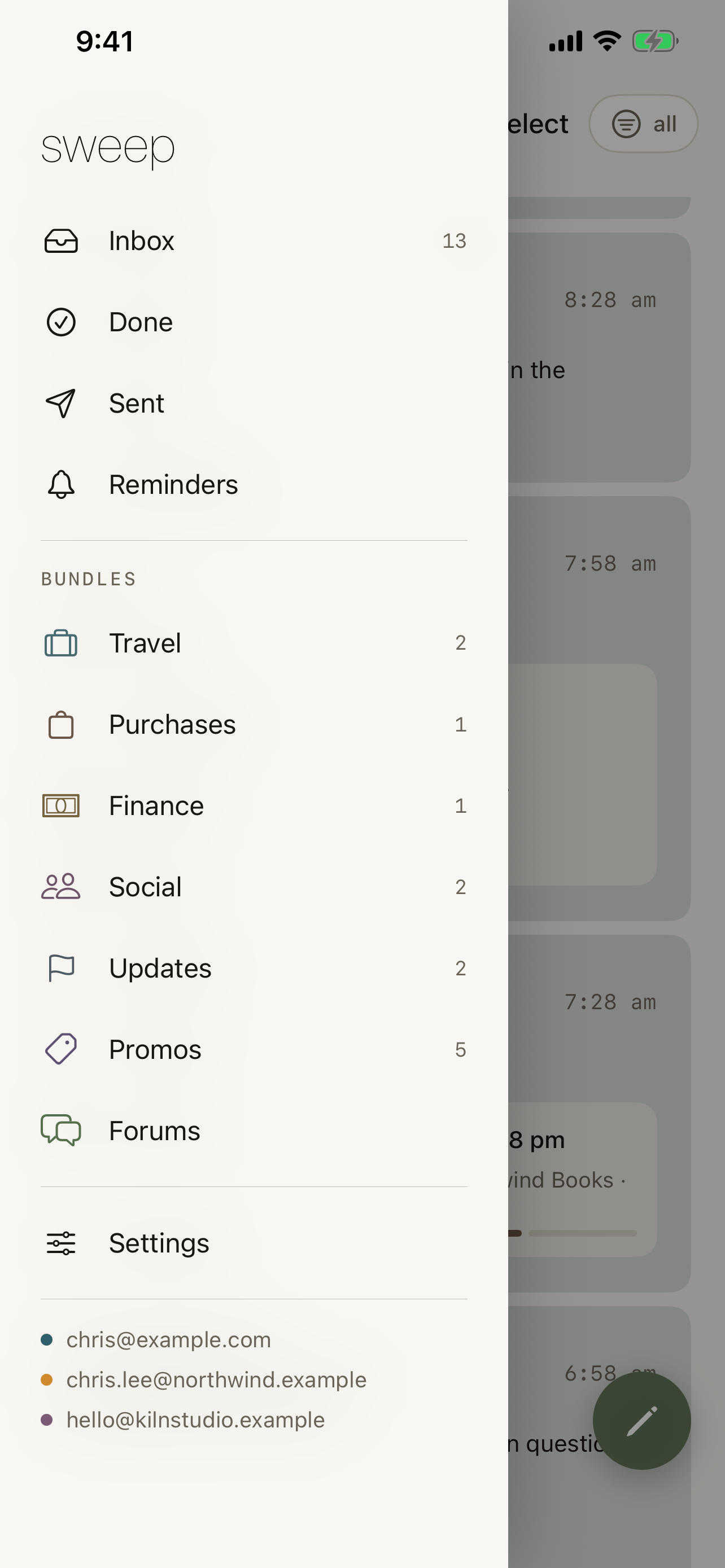 Sweep menu with accounts, pinned, done, and reminders