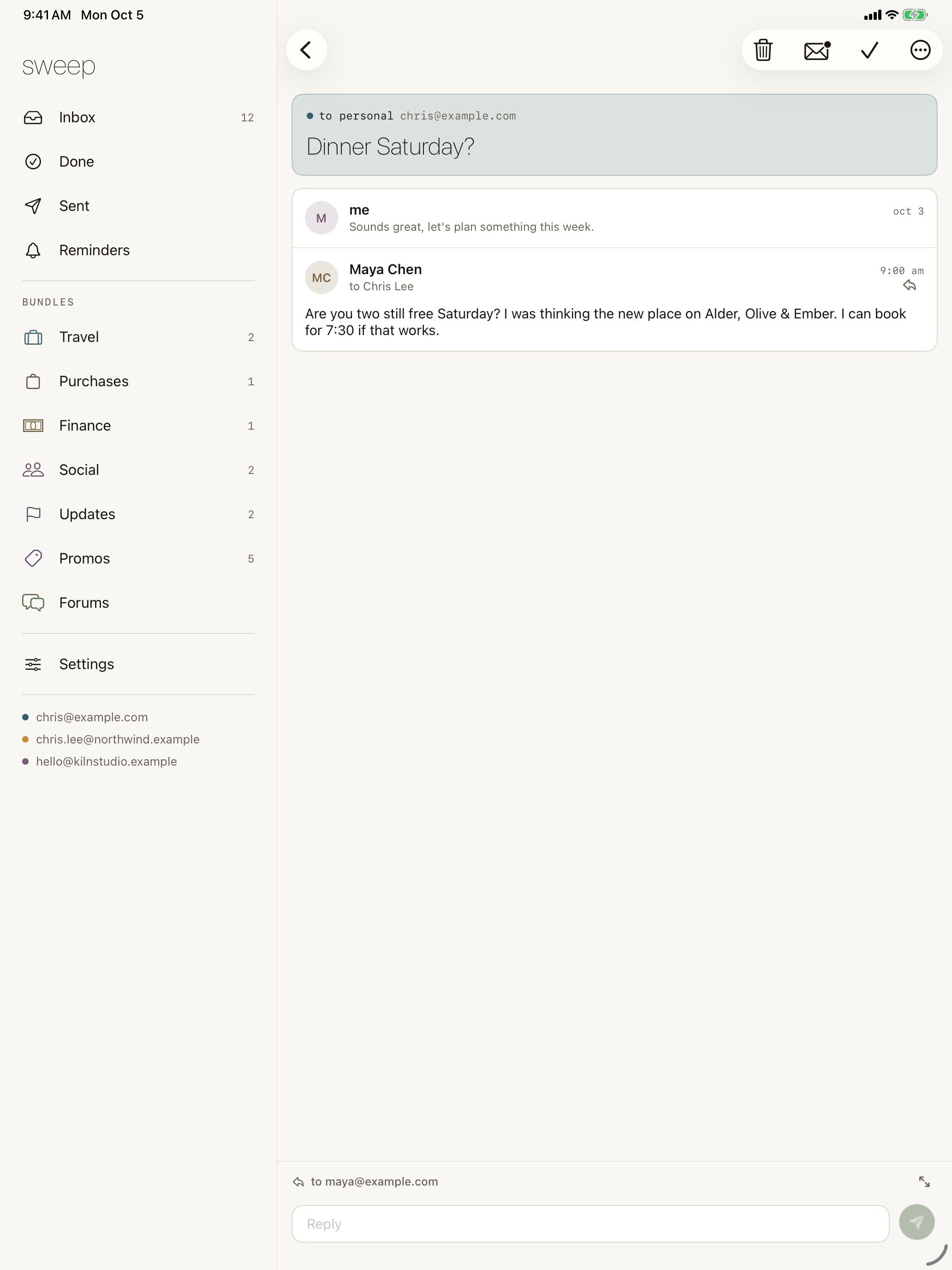 Sweep thread open beside the inbox on iPad