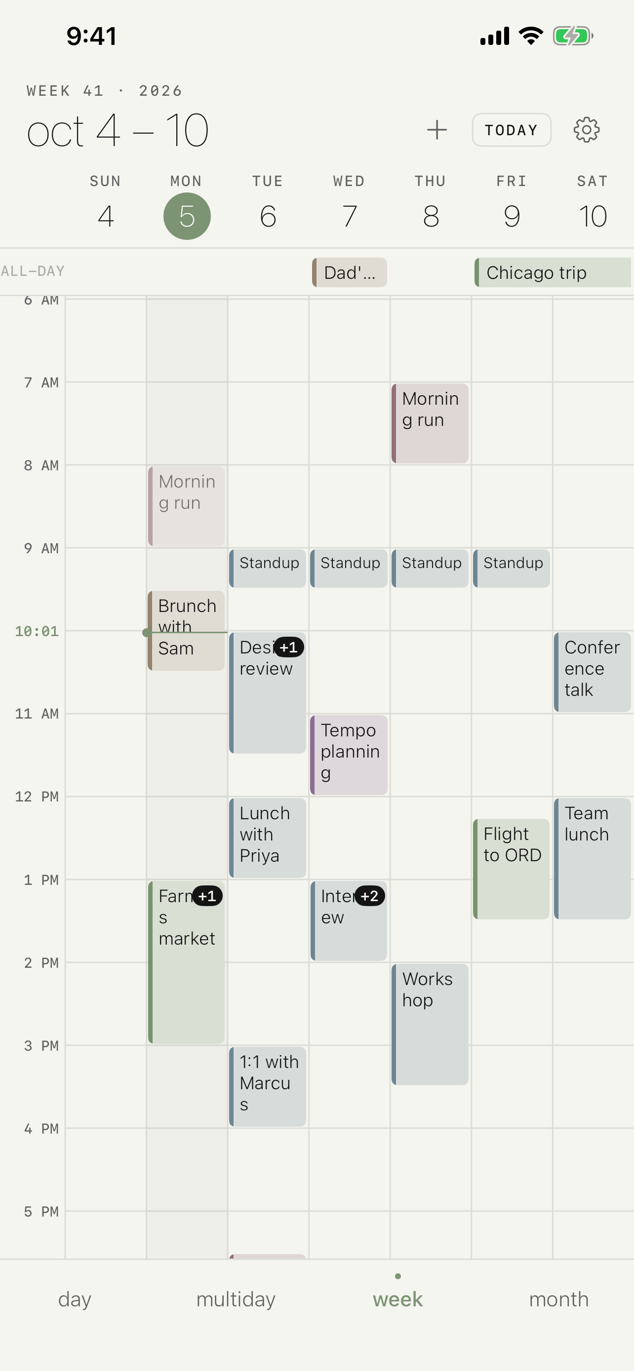 Tempo week view with color-coded events