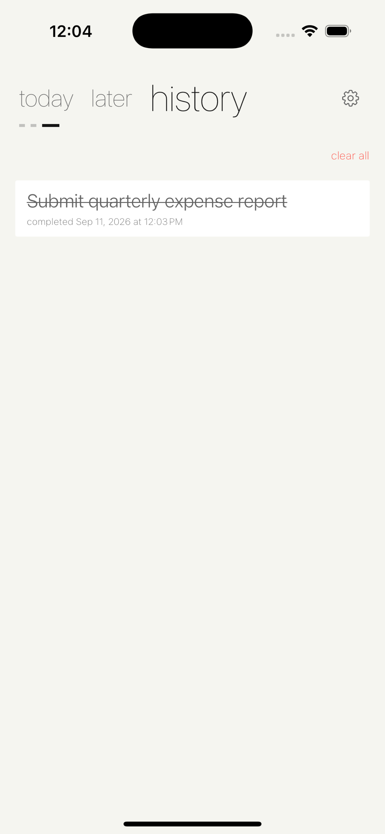 Today Or Not app History with a completed task