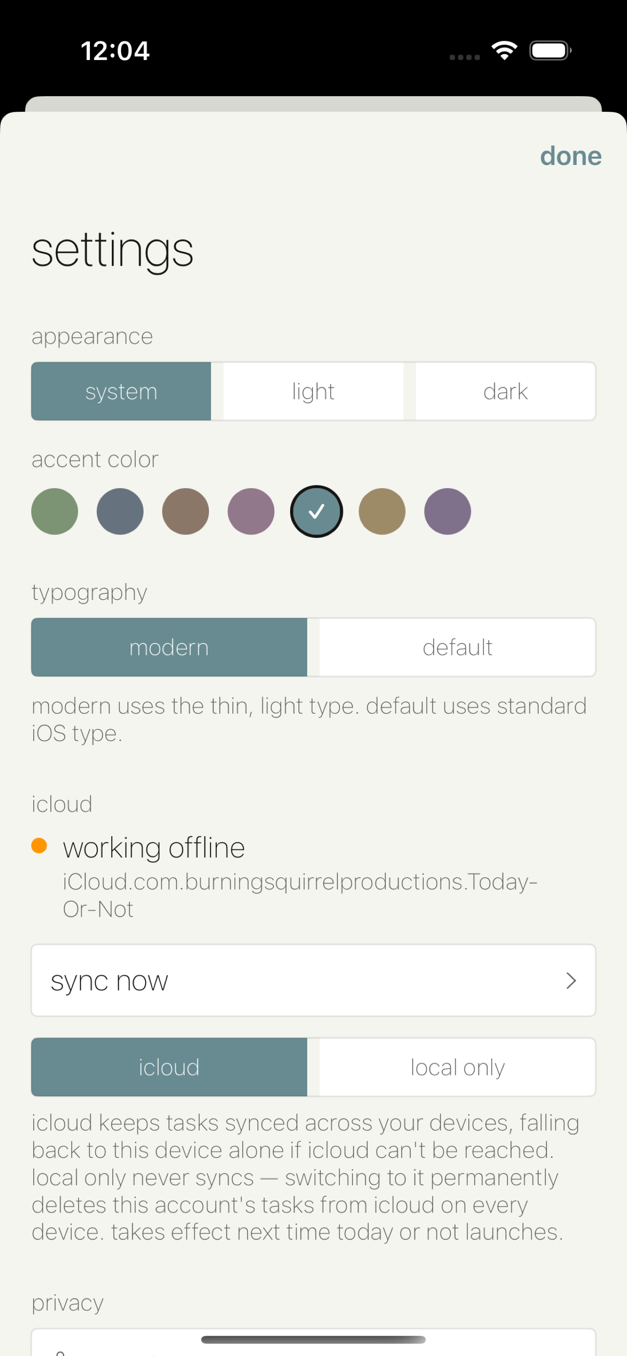 Today Or Not app settings with appearance, accent color, and iCloud sync options