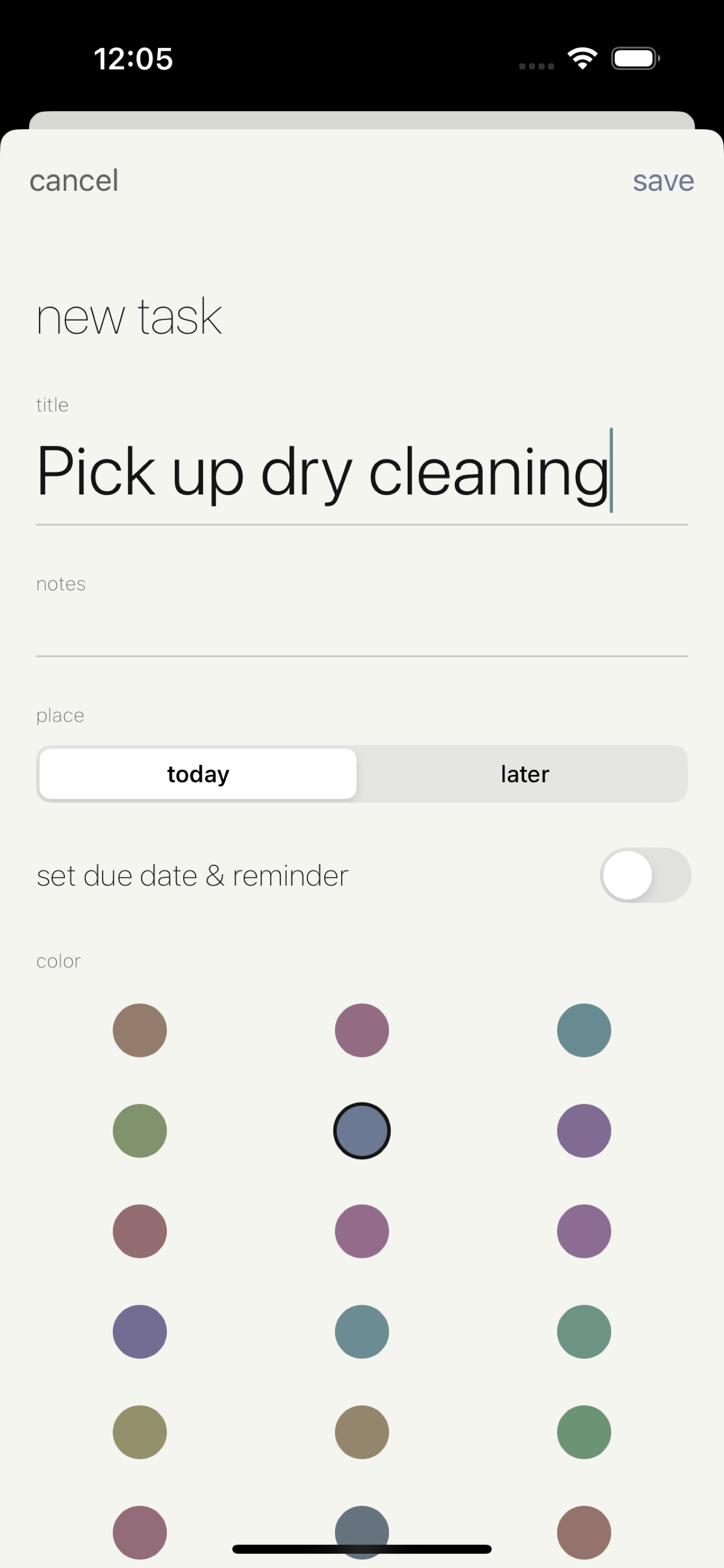 Today Or Not app new task form with color picker