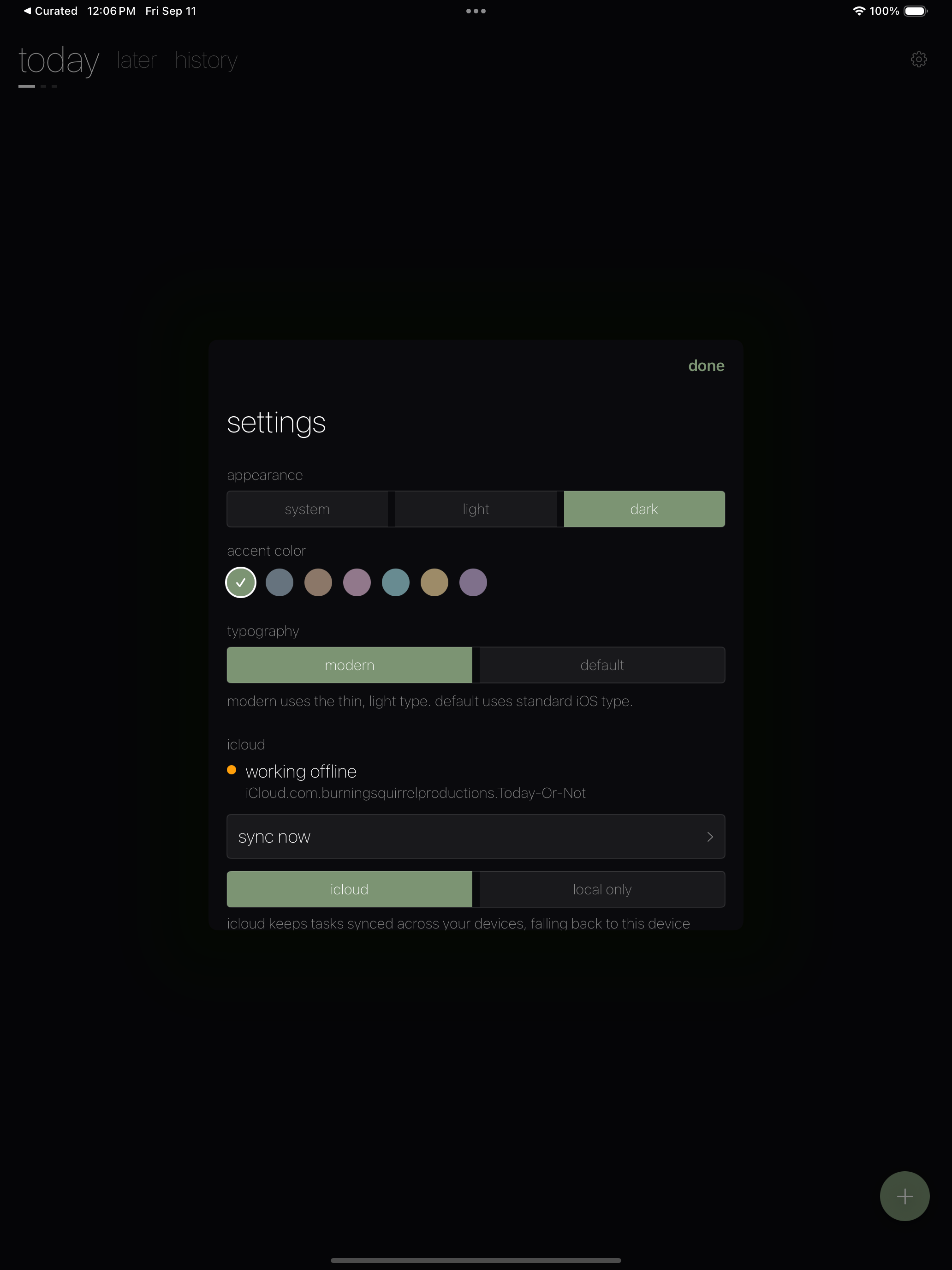 Today Or Not app settings on iPad in dark mode