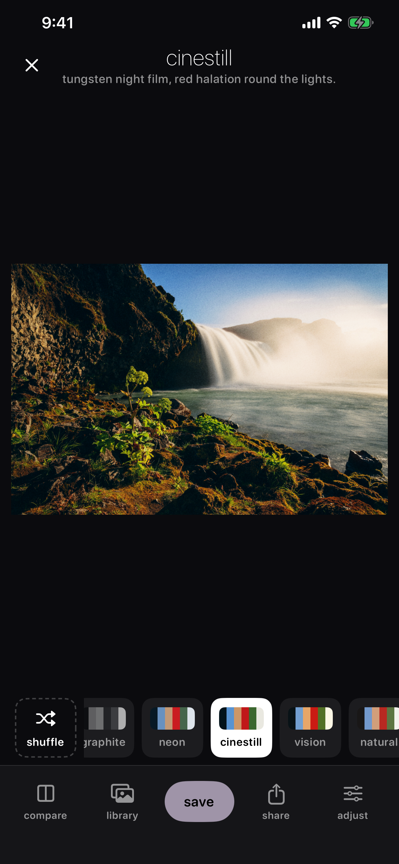 Veiled with the Cinestill look on a waterfall photo