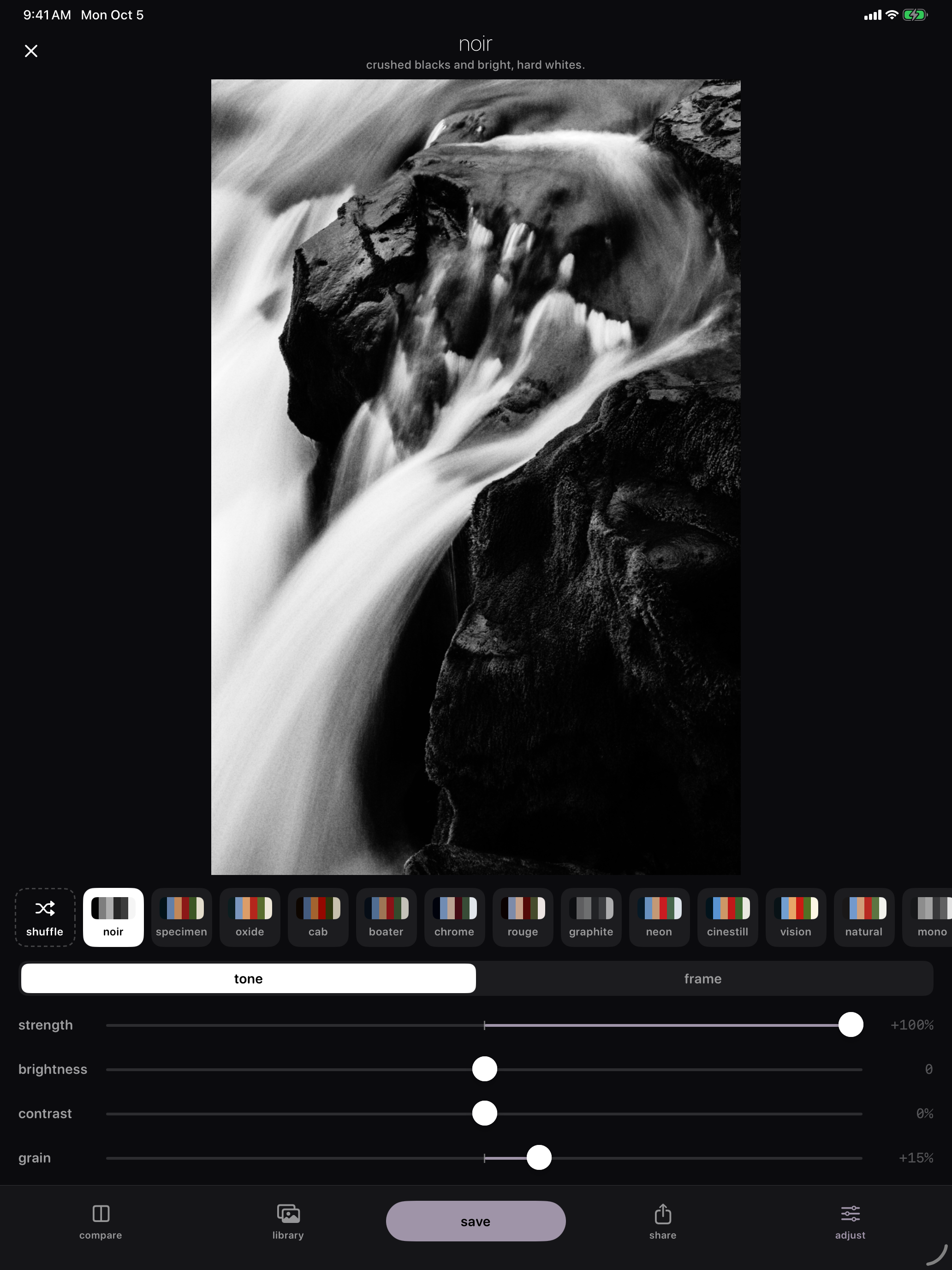 Veiled Noir look with tone controls on iPad
