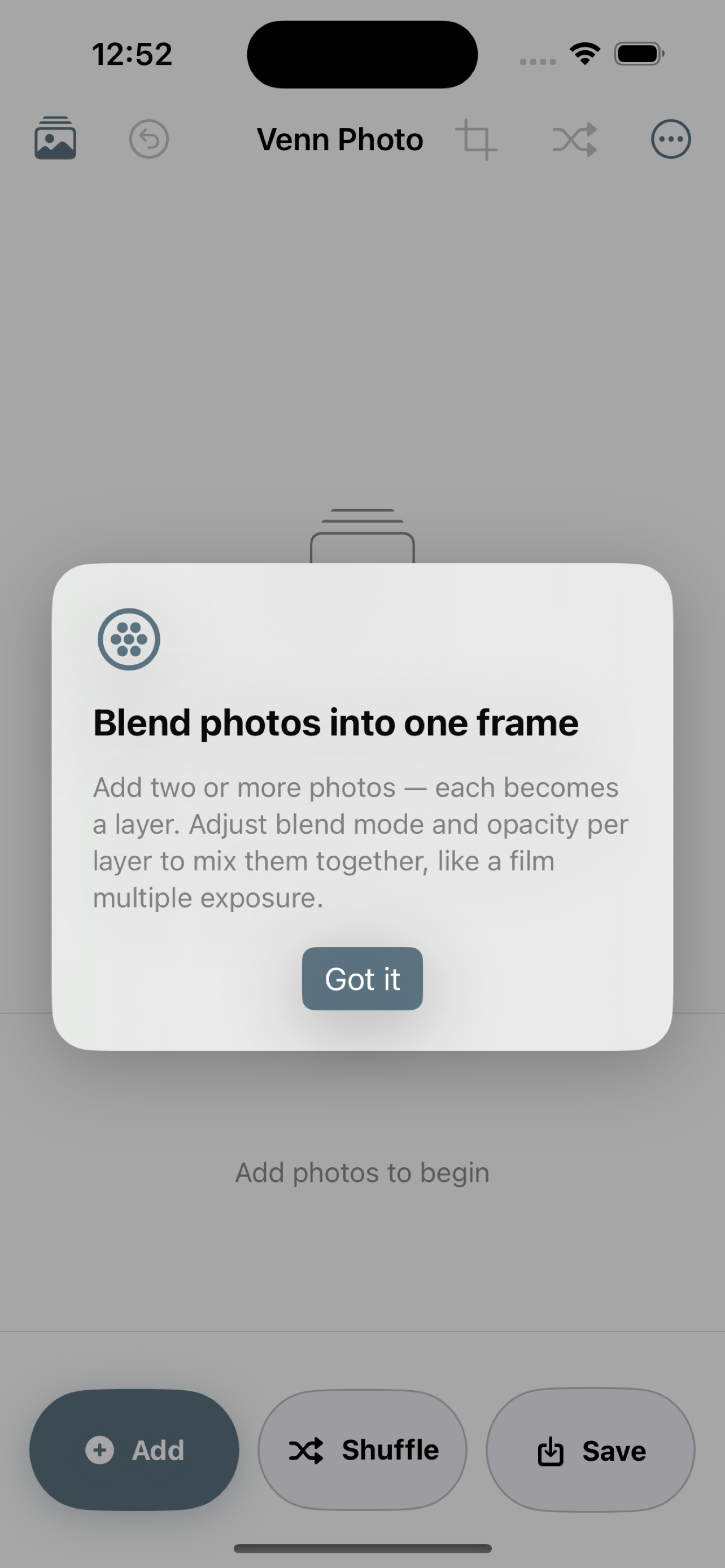 Venn Photo app onboarding card explaining photo blending