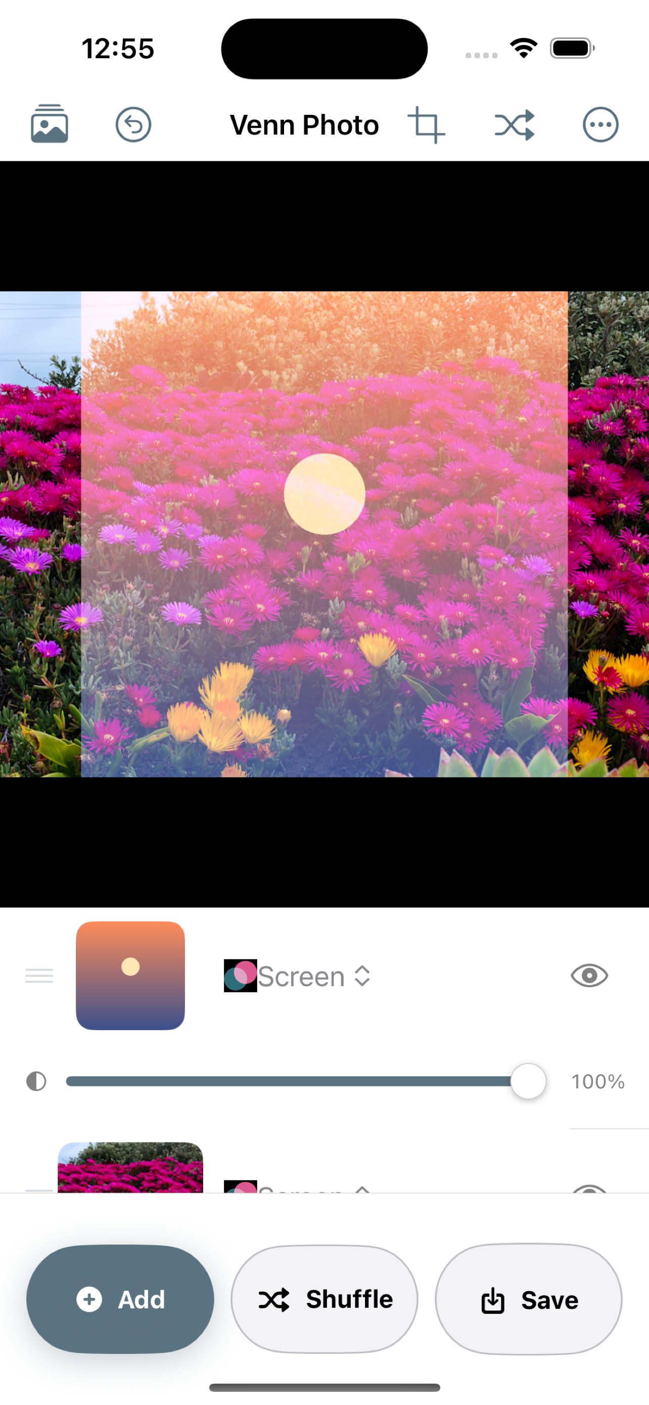 Venn Photo app showing a blended double-exposure with layer stack and blend mode controls