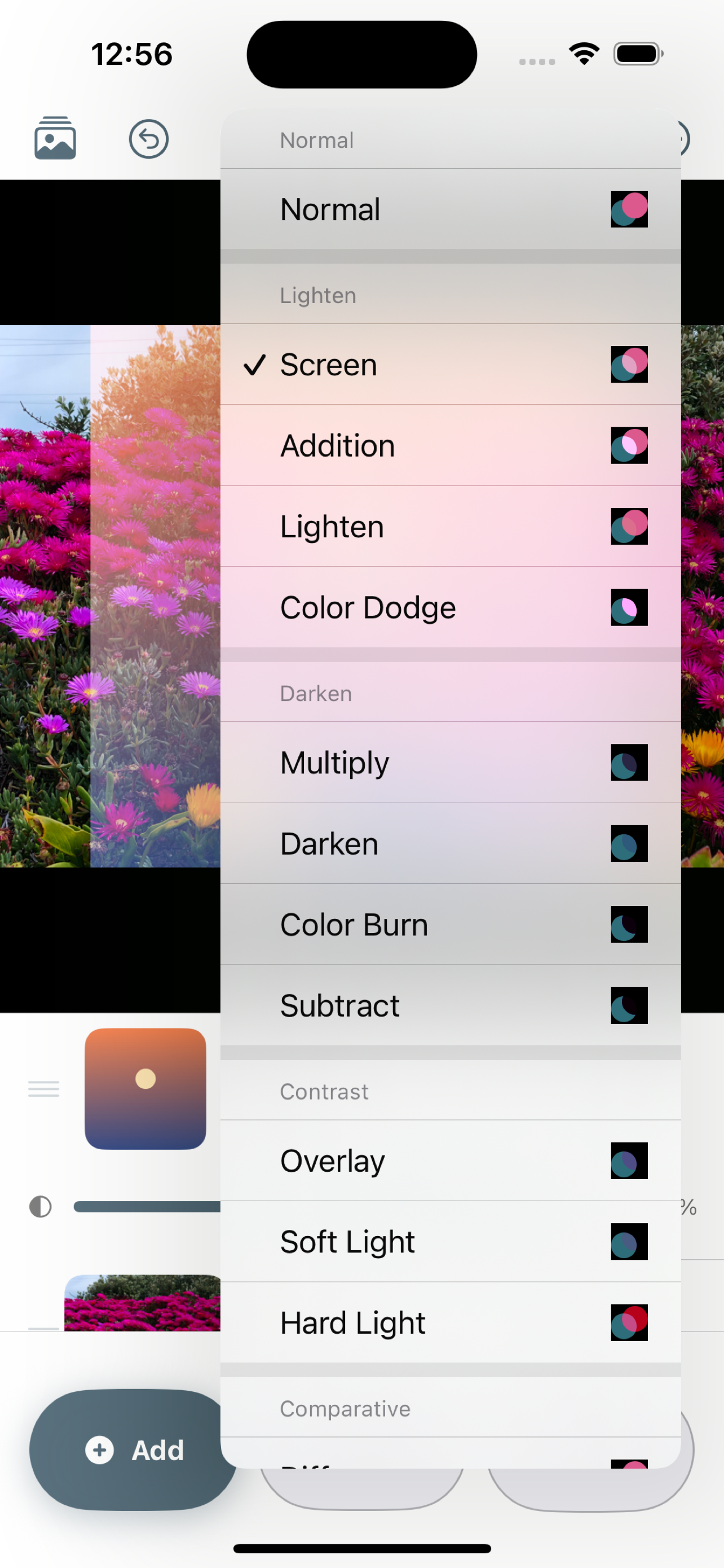 Venn Photo app blend mode picker grouped by family