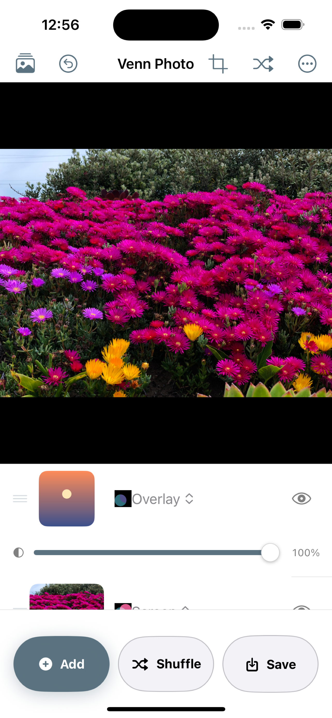 Venn Photo app layer panel with Overlay blend mode selected