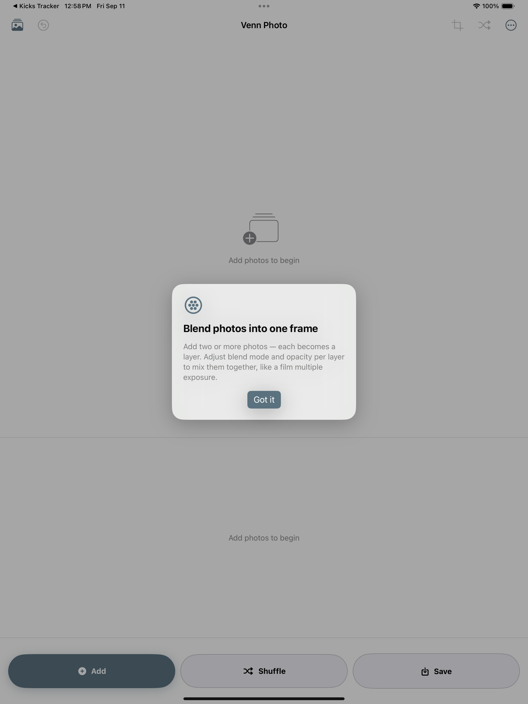 Venn Photo app onboarding card on iPad