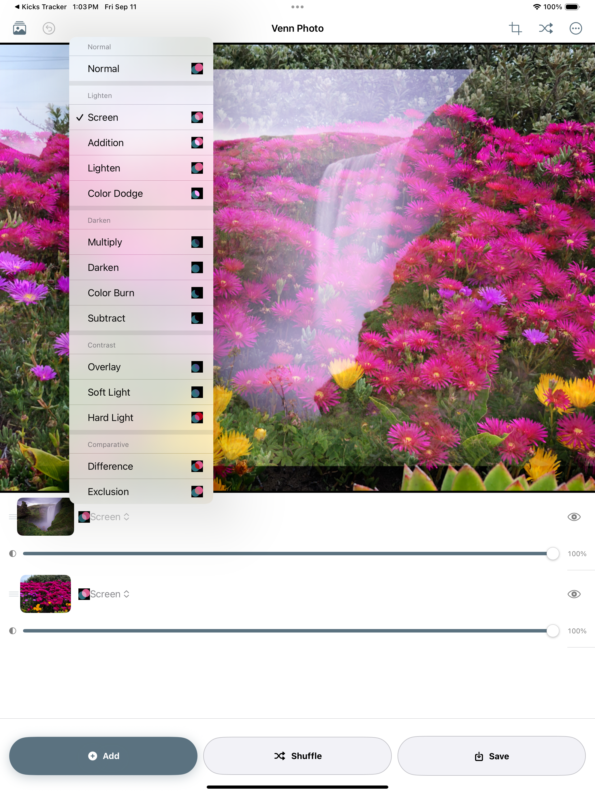 Venn Photo app blend mode picker on iPad