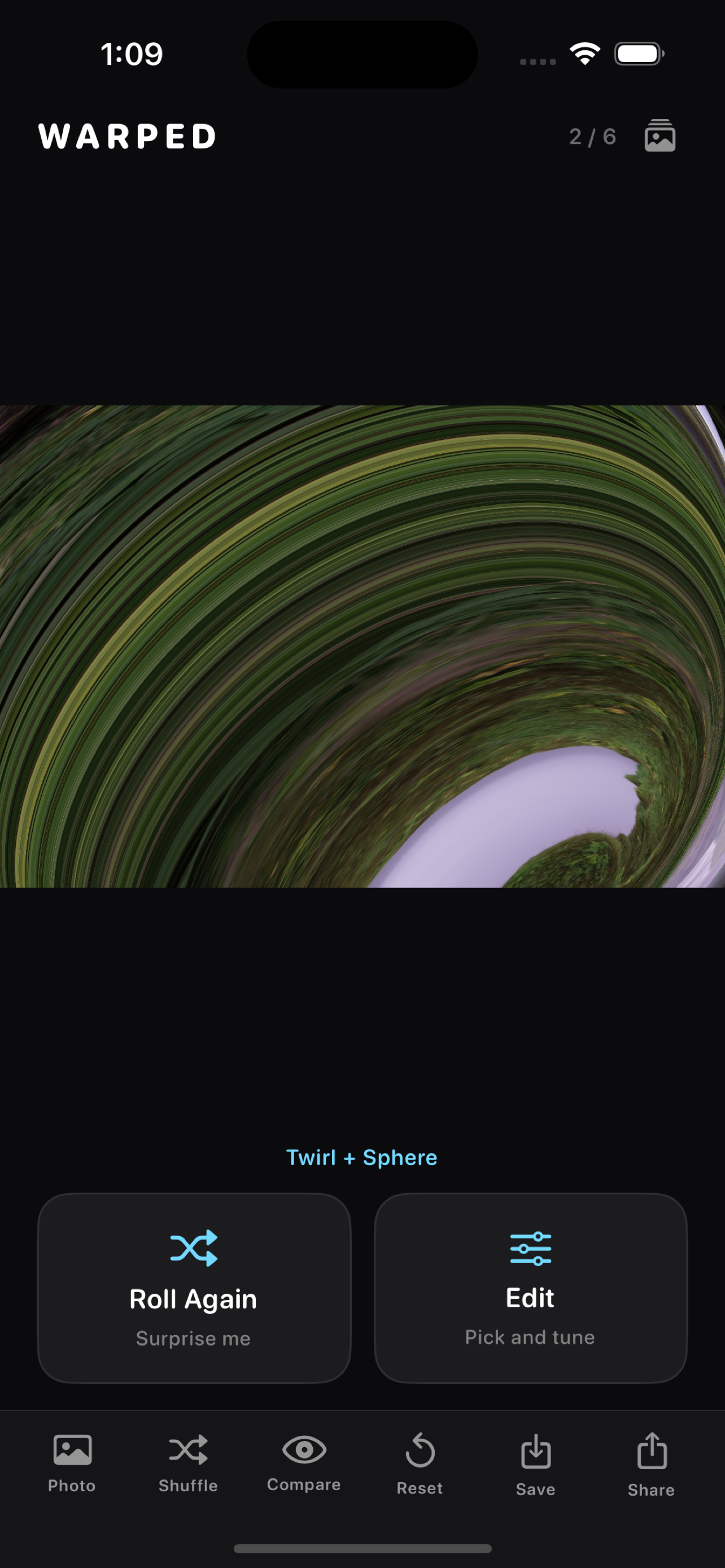 Warped app showing a Twirl and Sphere warp effect applied to a waterfall photo