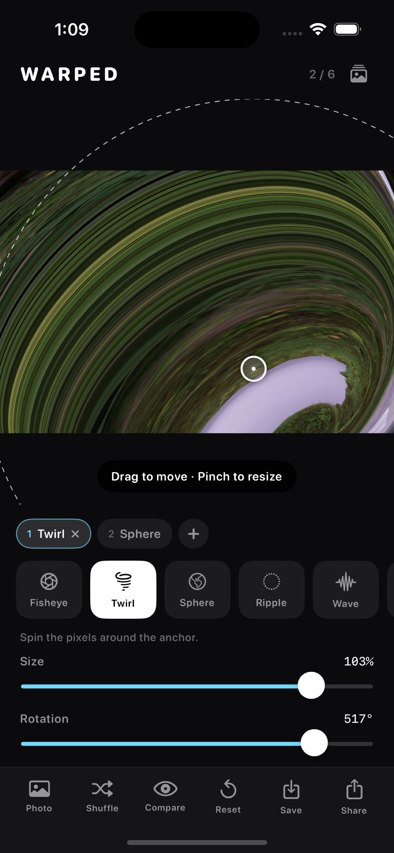 Warped app editing a Twirl warp with size and rotation sliders