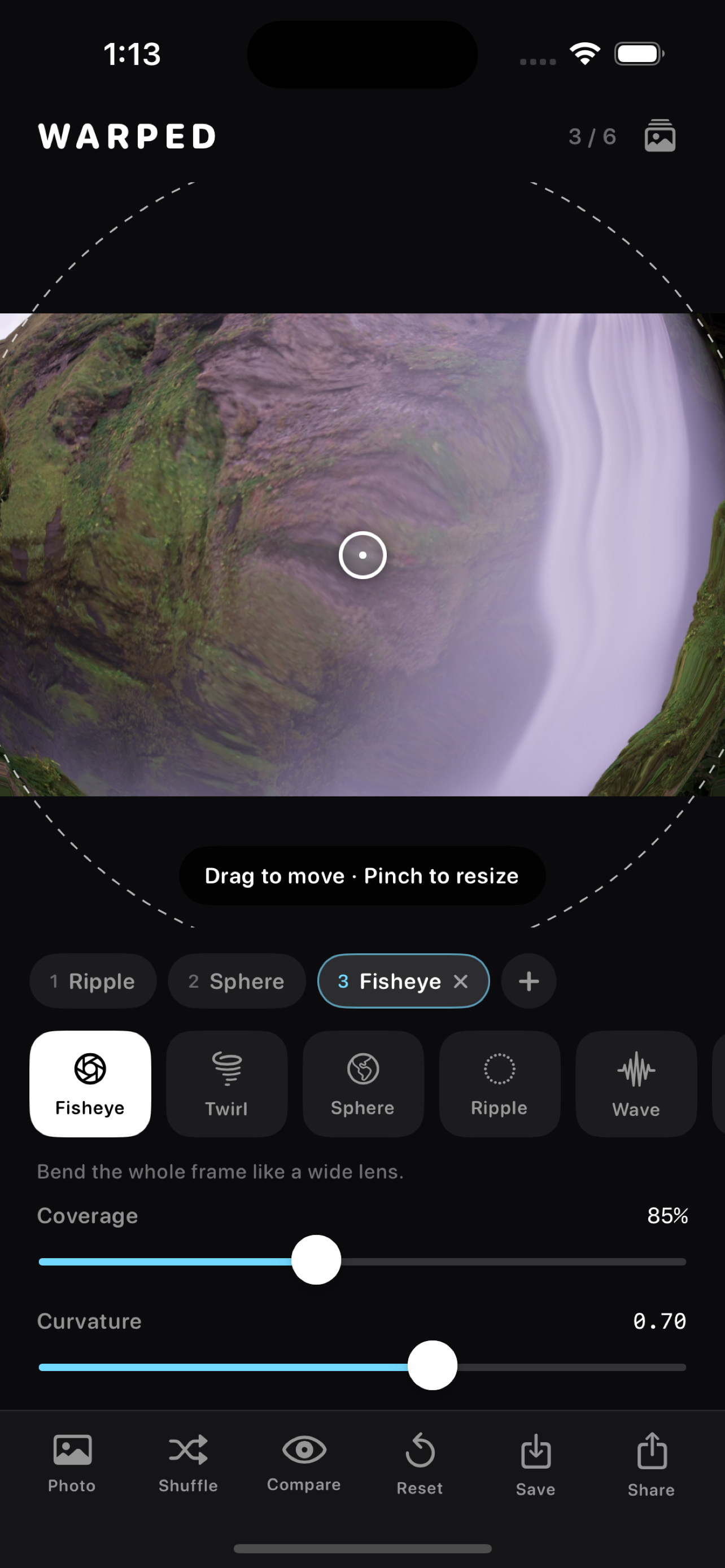 Warped app with three stacked warp effects creating a planet-like distortion