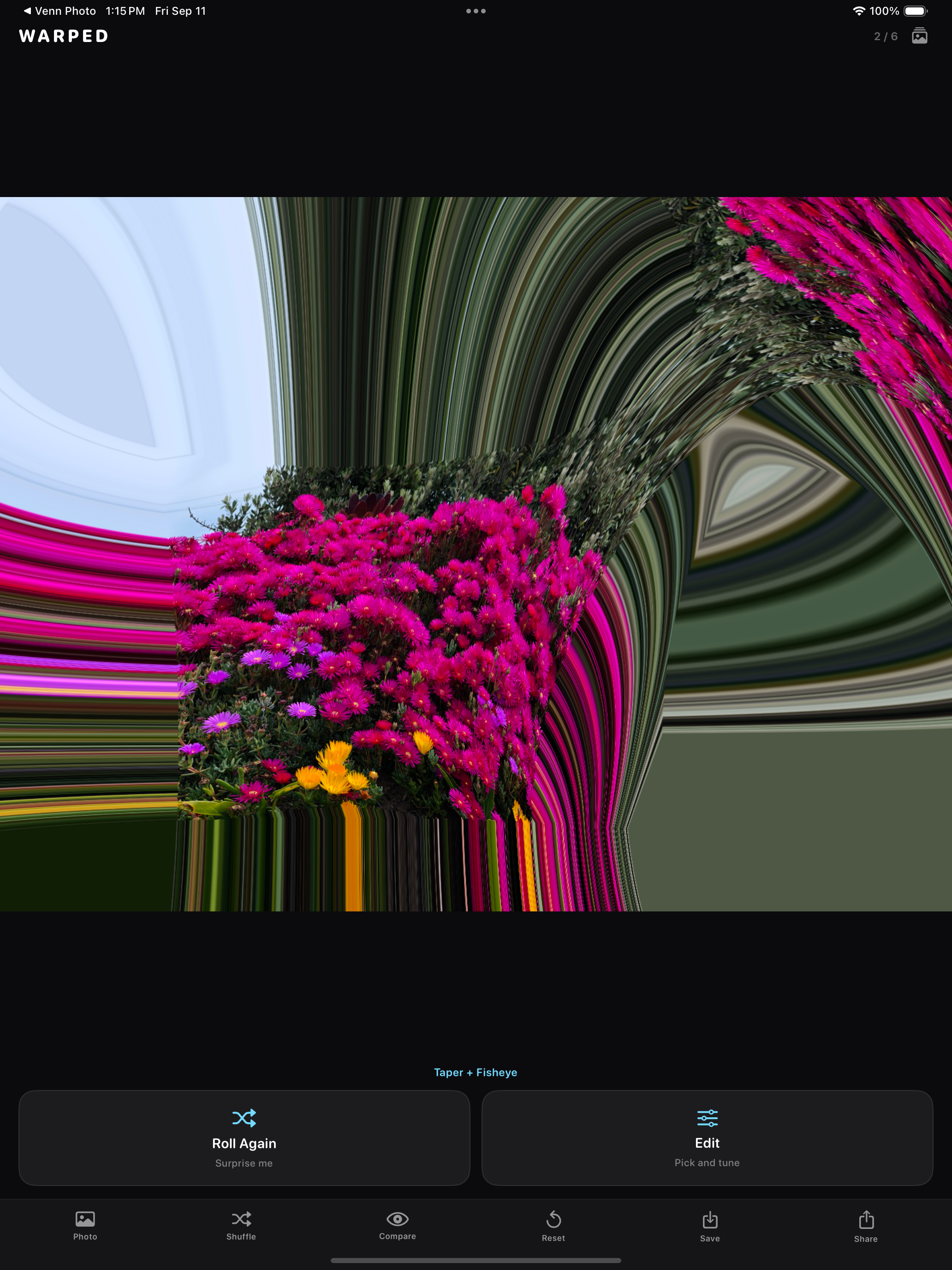 Warped app Taper and Fisheye warp effect on a flower photo, on iPad