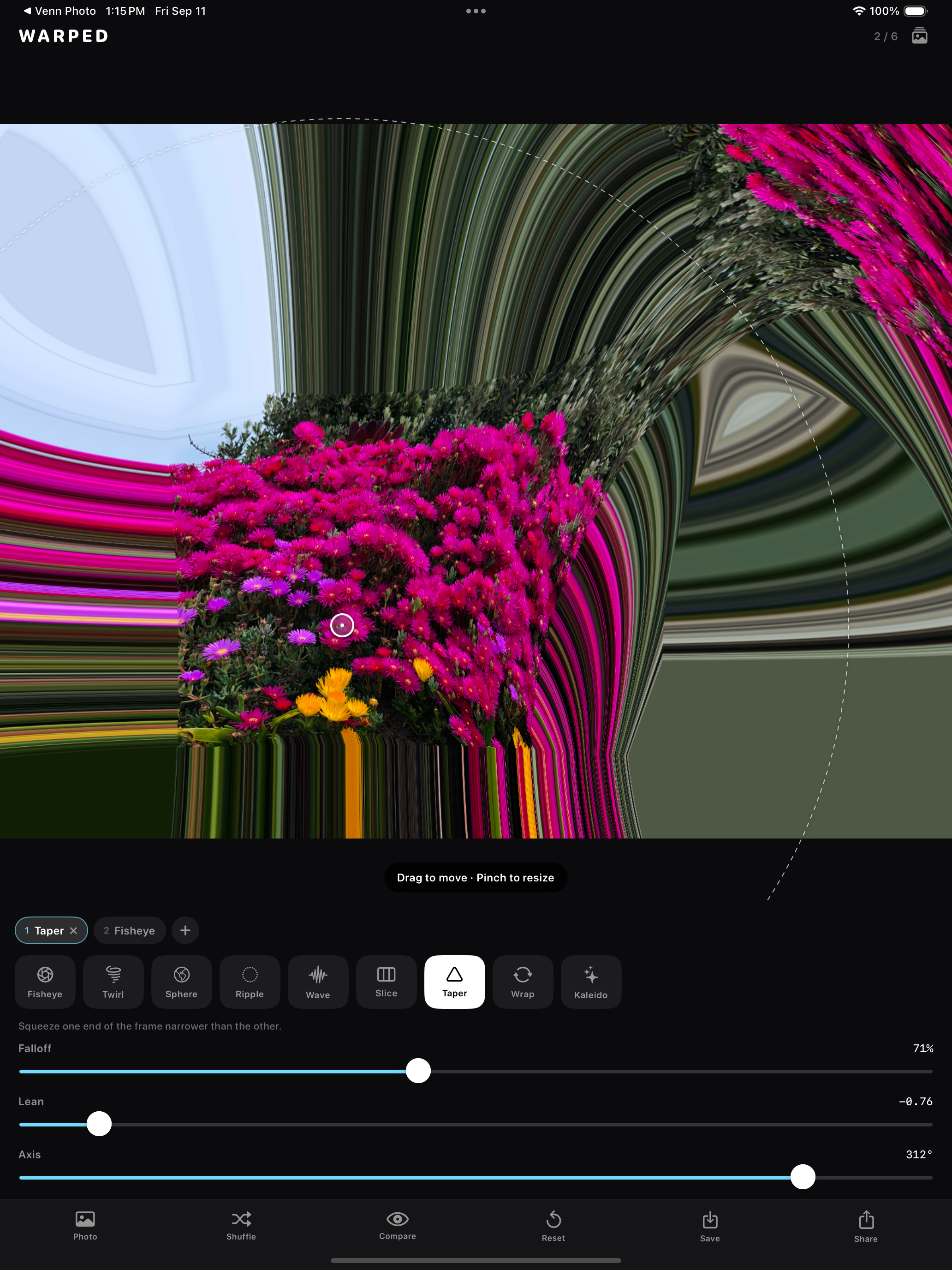 Warped app editing view on iPad showing all nine warp types